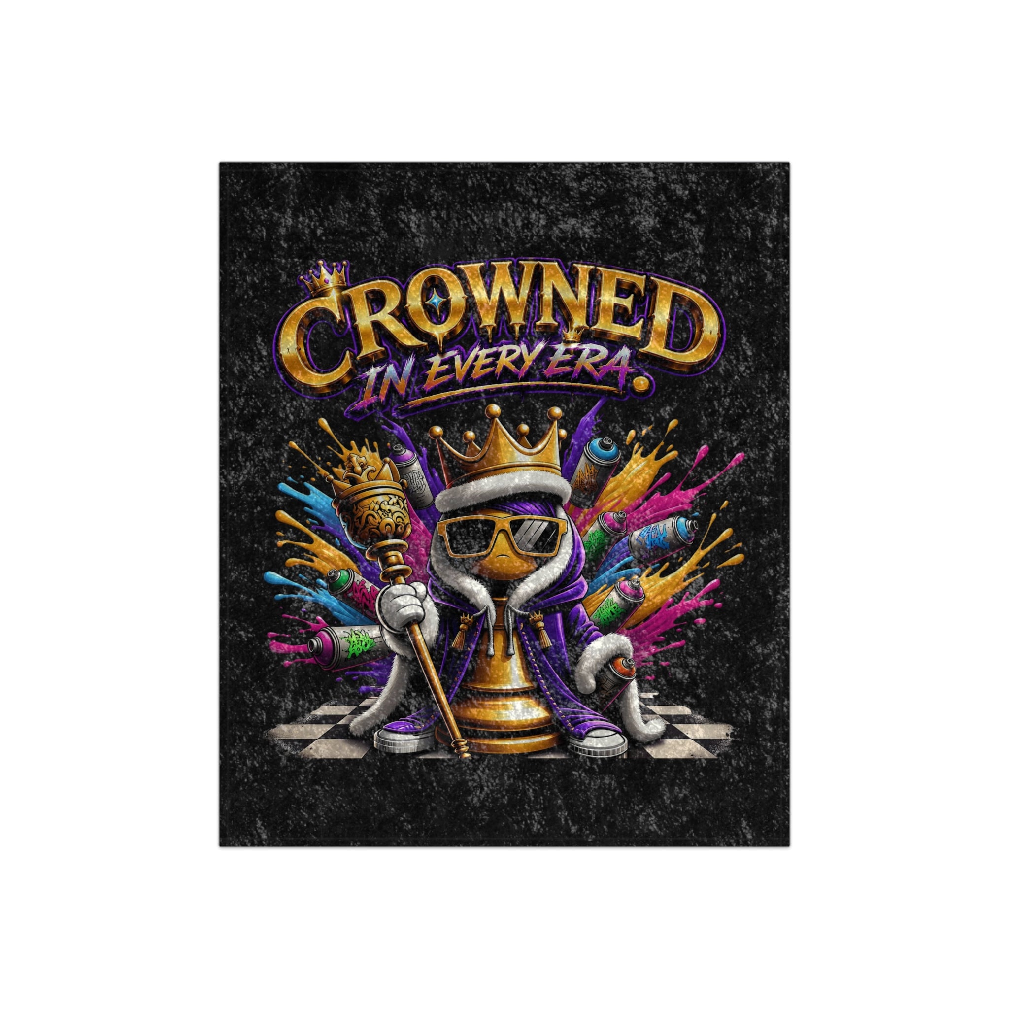TimeWarp Drip Black Crushed Velvet Blanket: crowned chess king in shades, bold graffiti drip—Printify streetwear vibes, luxe and stylish. 