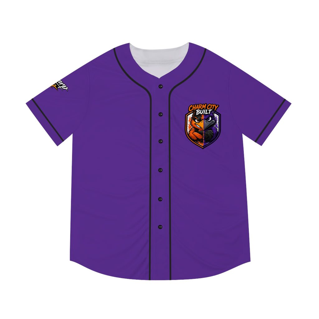 TimeWarp Drip – Purple baseball jersey with black trim, bold "Charm City Built" text, raven sleeve patch, moisture-wicking streetwear edge. | premium streetwear