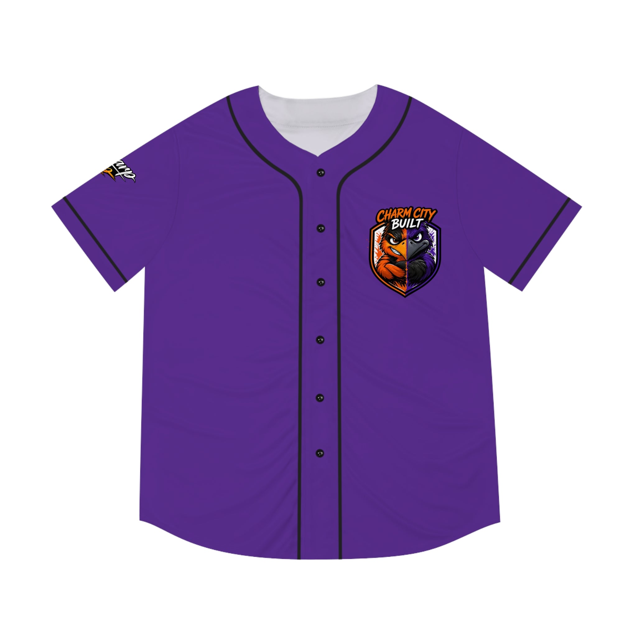 TimeWarp Drip – Purple baseball jersey with black trim, bold "Charm City Built" text, raven sleeve patch, moisture-wicking streetwear edge. | premium streetwear