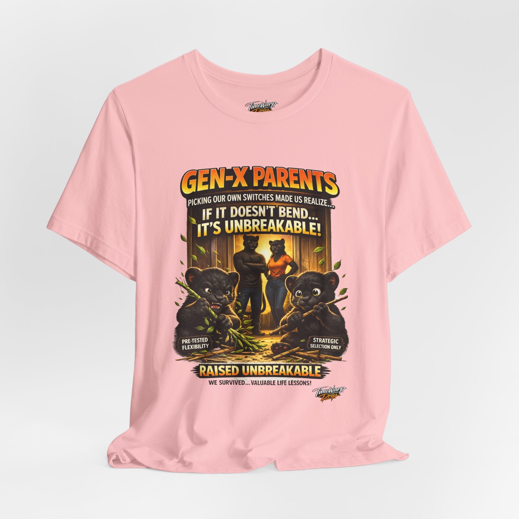 TimeWarp Drip Black Unbreakable Tee—Gen X street drip with “Picked Our Own Switches” and retro-cool bear family graphic. streetwear apparel