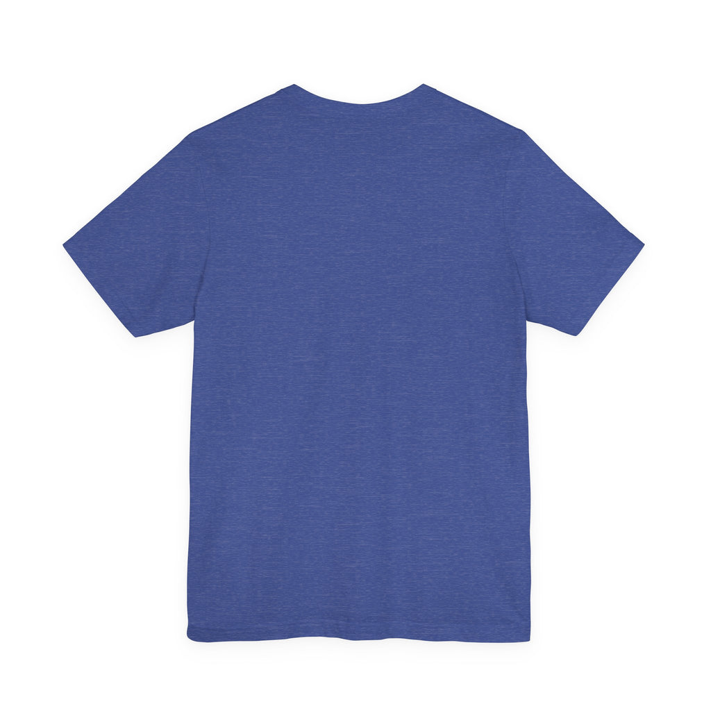 The Calm Energy Vibes T-Shirt — "I Run the Forecast" CEO Energy by Printify, a short-sleeve heather blue tee in ultra-soft Airlume cotton, is displayed flat and backward on a white background.