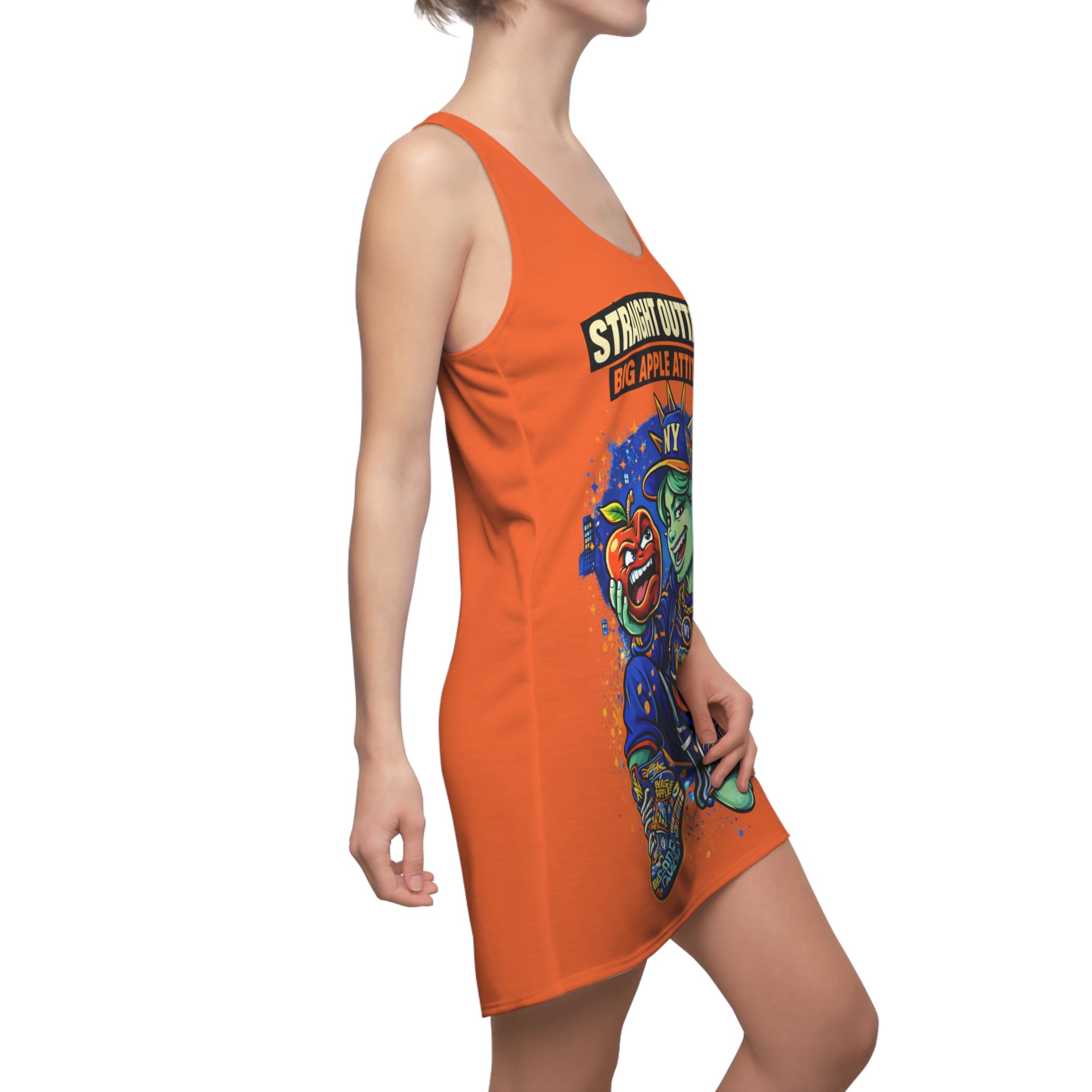 Orange racerback dress with straight outta NYC "Big Apple Attitude" all-over print, featuring vibrant city skyline design.
