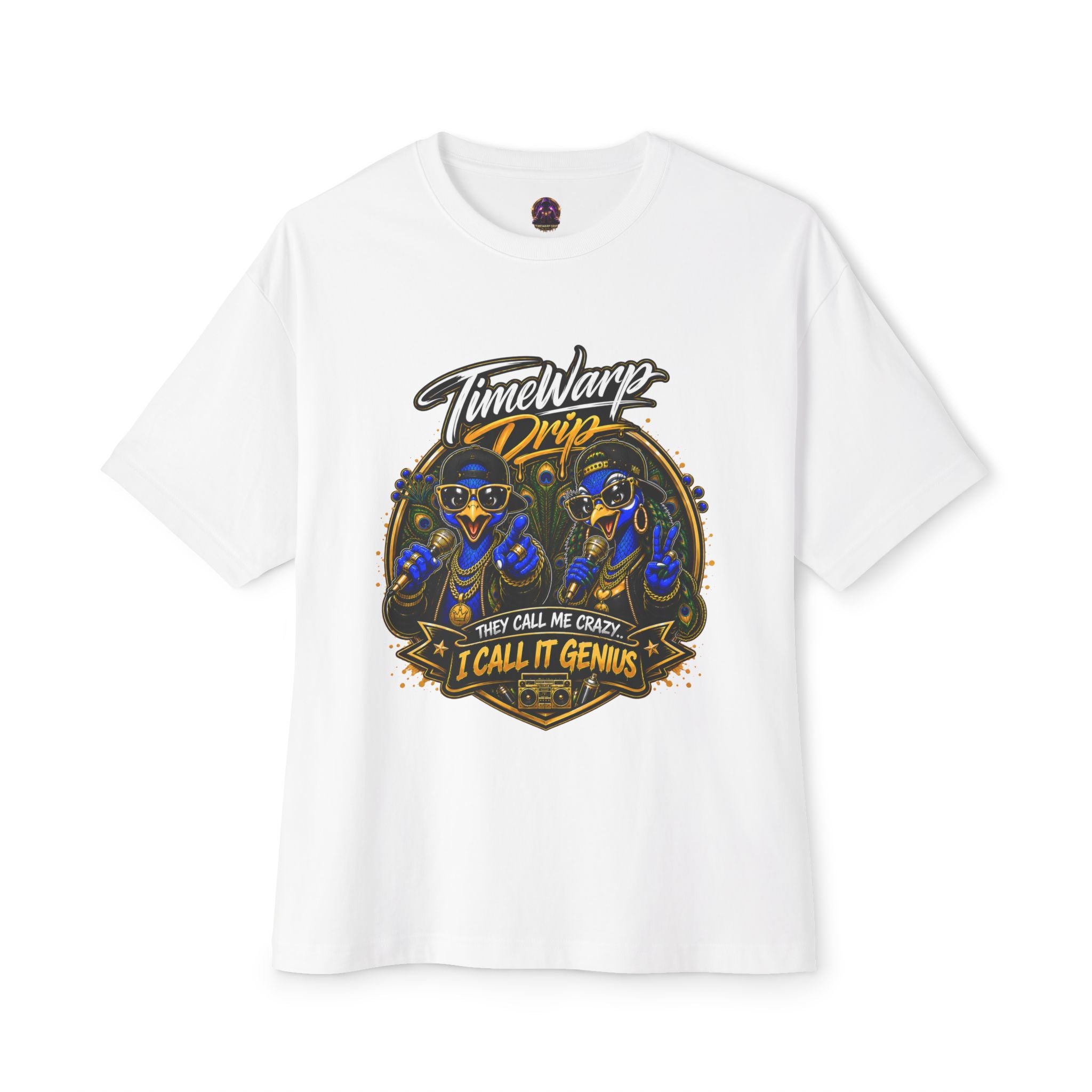 TimeWarp Drip – Oversized boxy black tee with dual peacock hip-hop street art graphic, bold statement for premium urban Premium Urban Fashionvibes. | premium streetwear