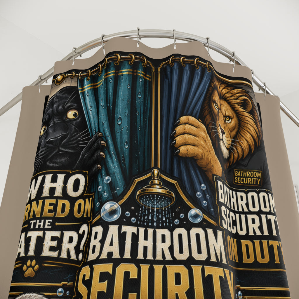 TimeWarp Drip – Beige shower curtain with bold animal guardian graphics, infusing high-energy street style into urban bathroom decor. | premium streetwear