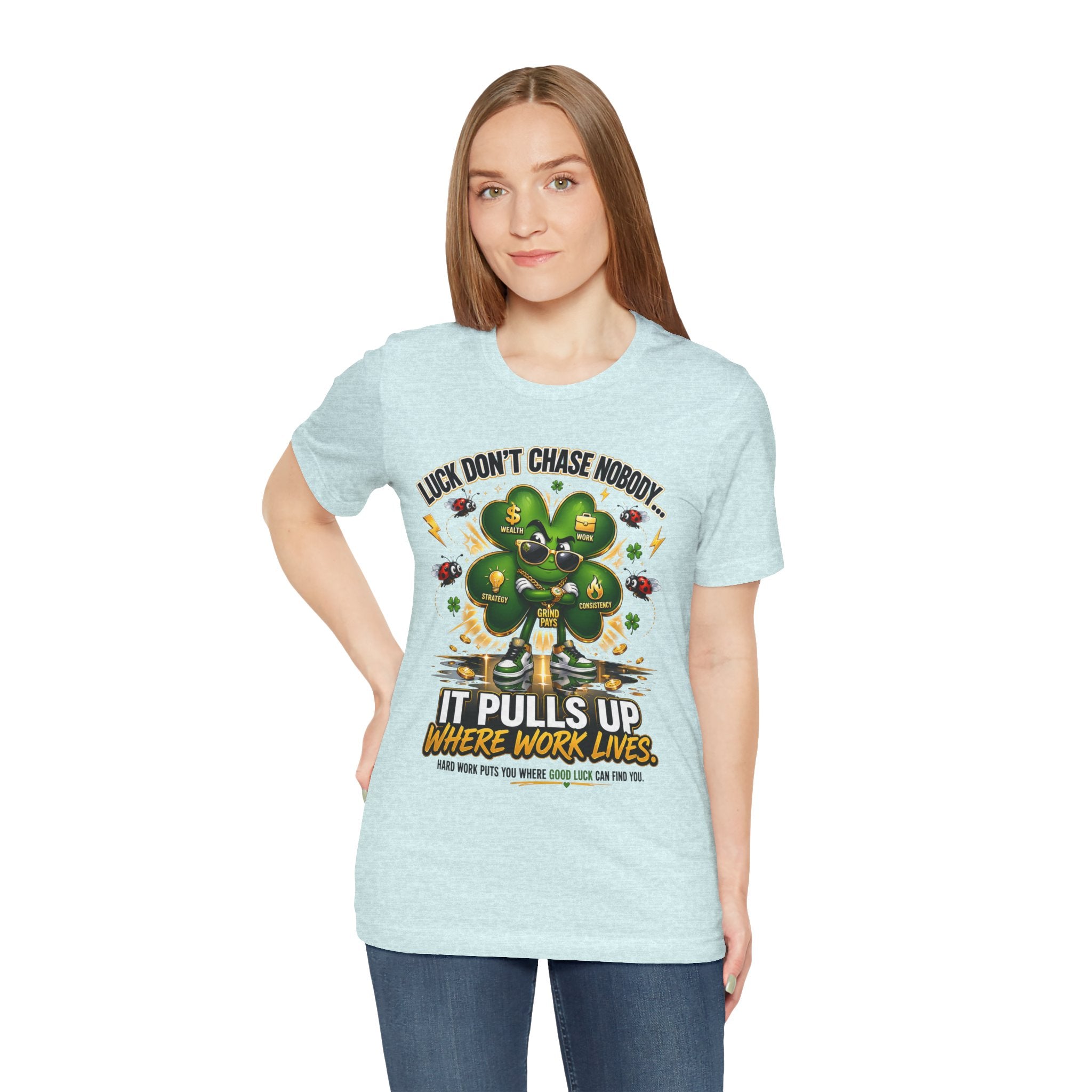 TimeWarp Drip Lucky Clover tee for women, light blue drip with bold clover graphic, streetwear style, sizes S-XL. streetwear apparel