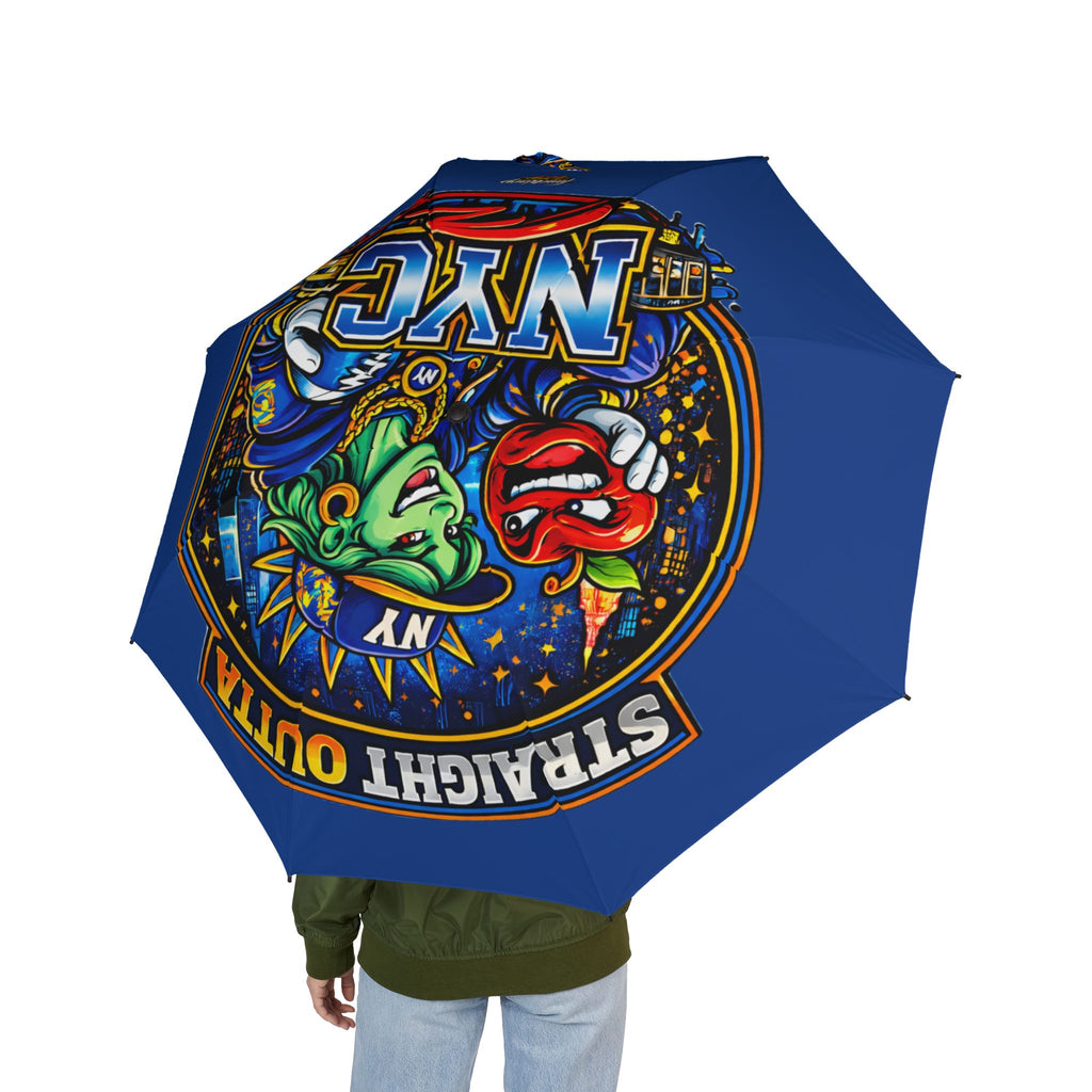 Blue NYC Night Out foldable umbrella by TimeWarp Drip with colorful design, semi-automatic rain umbrella perfect for travel and rain protection.