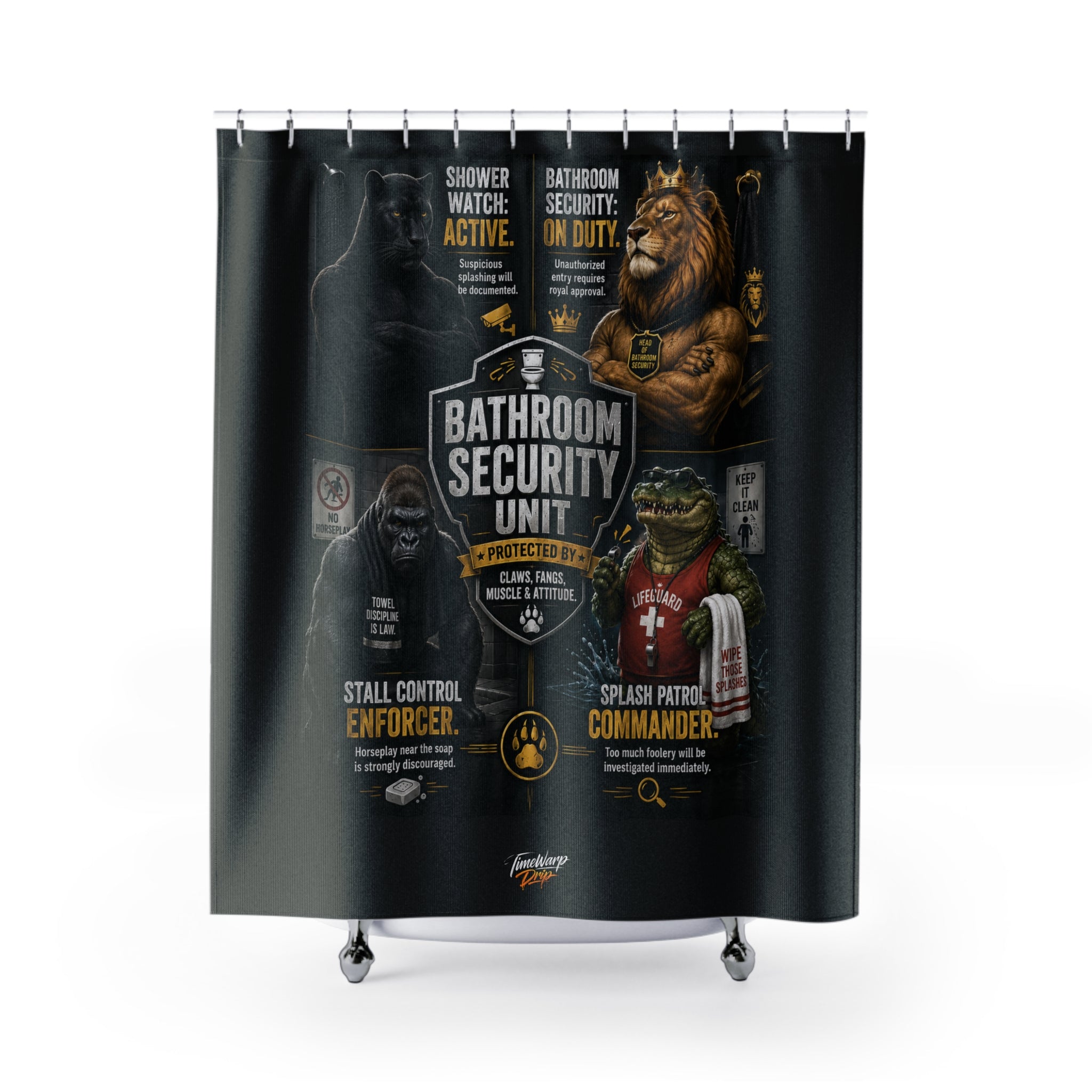 TimeWarp Drip Printify white shower curtain in TimeWarp Drip style—funny animal guardians flexing bold streetwear swag in your bathroom. streetwear apparel