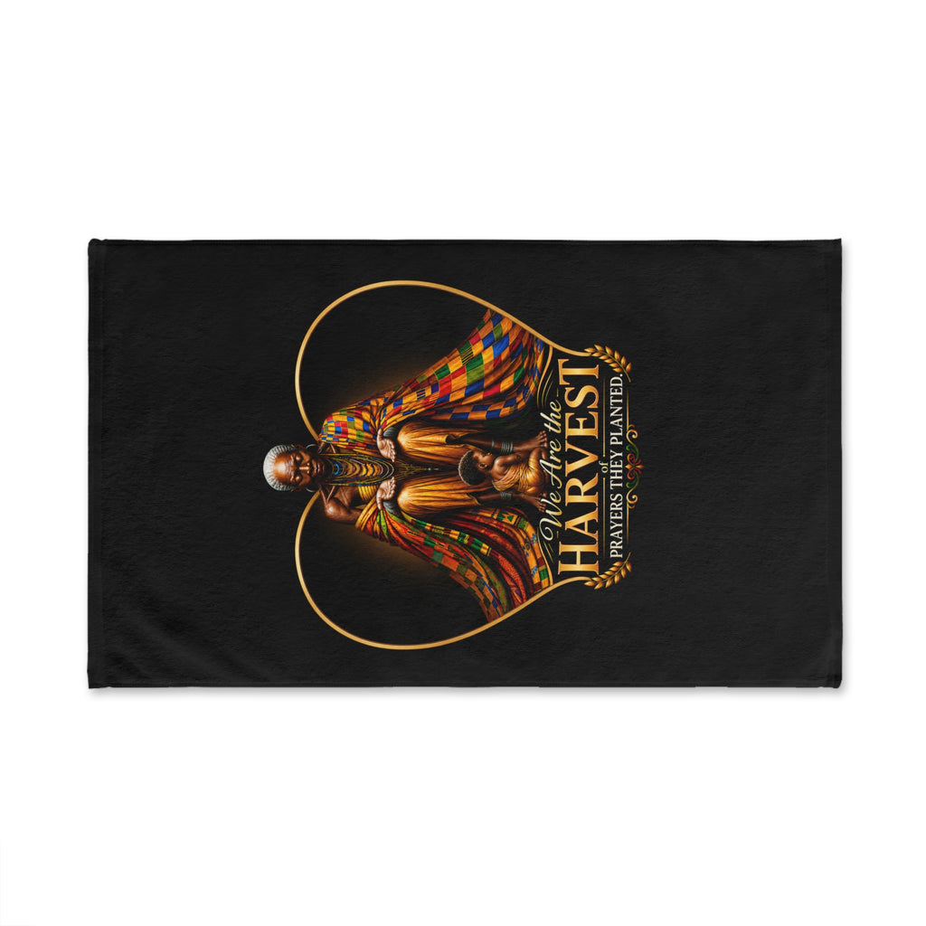 TimeWarp Drip – Hand towel in vibrant multicolor, bold figure with raised arms framed by Heritage Heart, urban legacy graphic energy. | premium streetwear