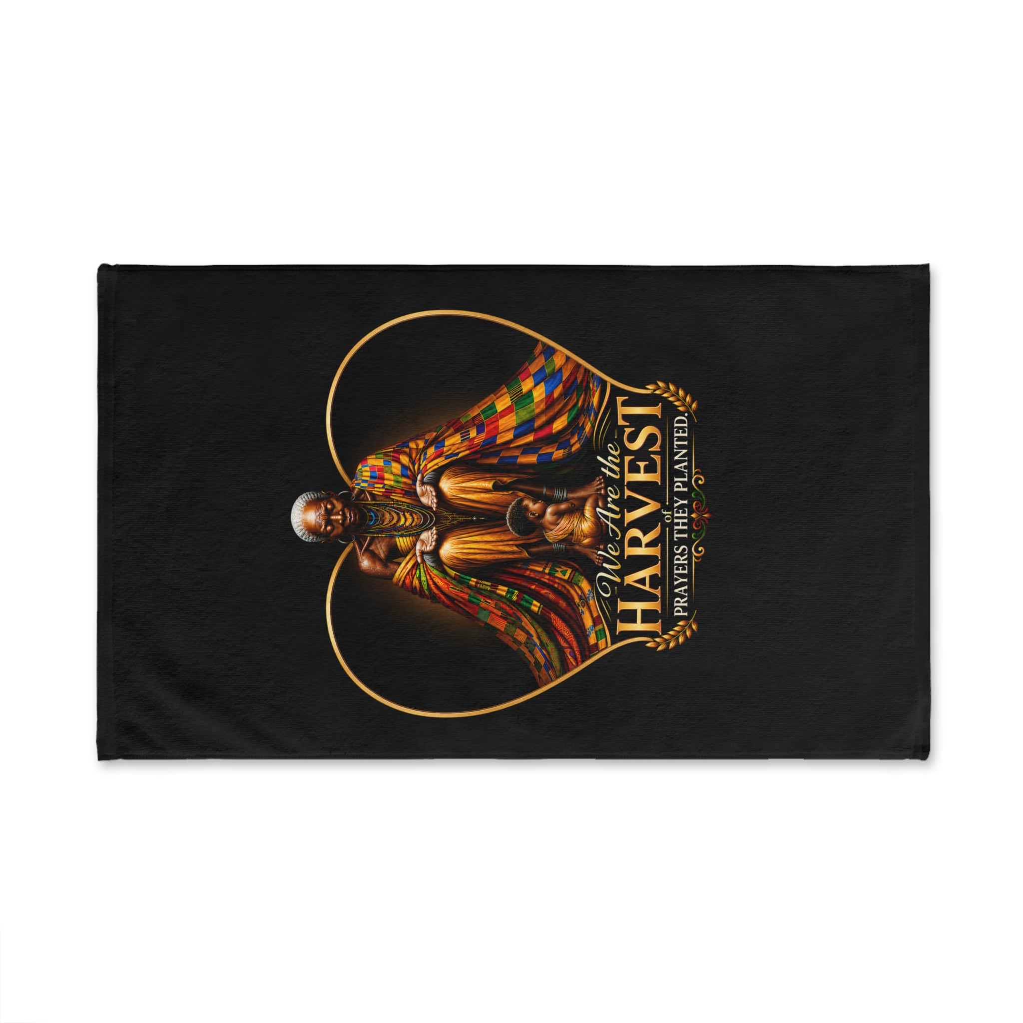 TimeWarp Drip – Hand towel in vibrant multicolor, bold figure with raised arms framed by Heritage Heart, urban legacy graphic energy. | premium streetwear