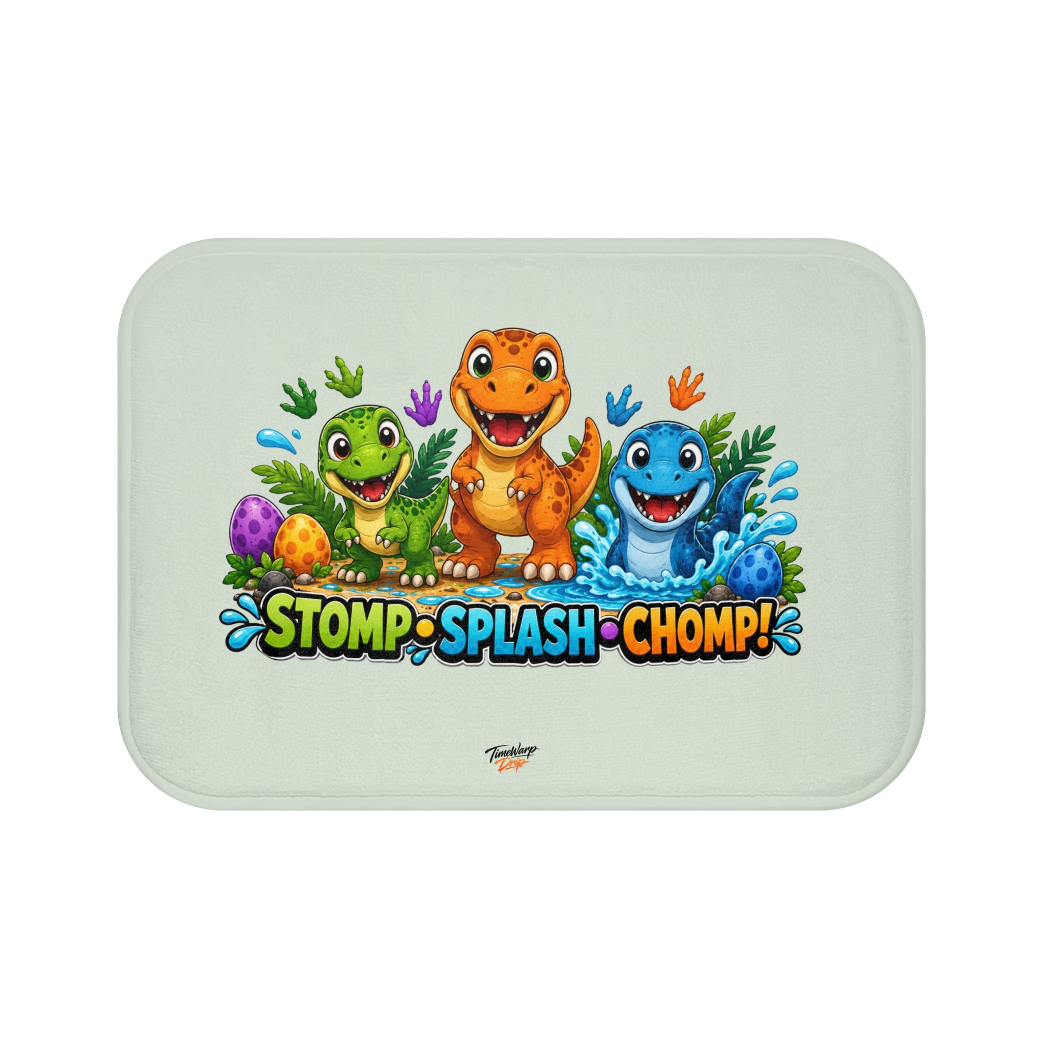 TimeWarp Drip Tiny Roars & Big Adventures Bath Mat – Green – Kids Bathroom Decor | TimeWarp Drip