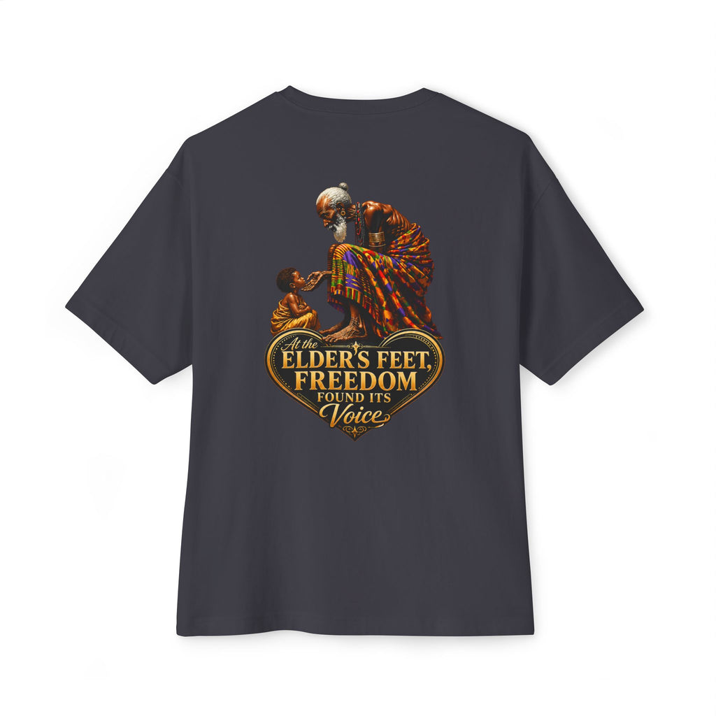 TimeWarp Drip – Black urban tee with bold elders graphic and "At the elder’s feet, freedom found its voice" streetwise quote. | premium streetwear