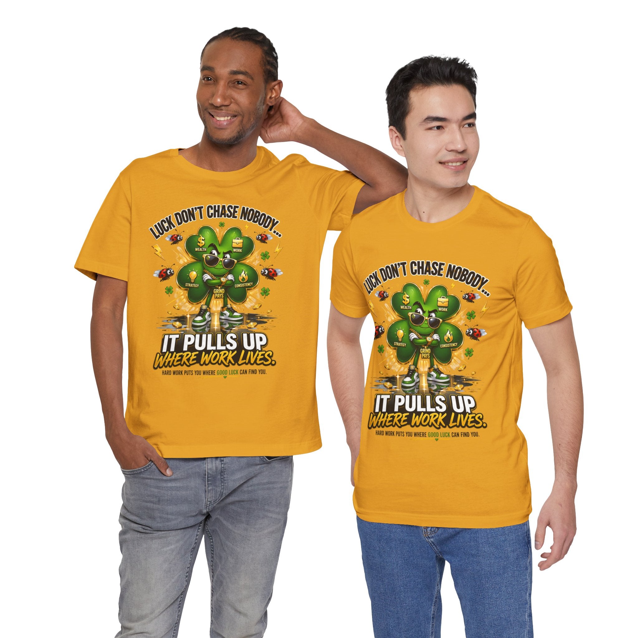 TimeWarp Drip Two men flex in matching black Printify streetwear tees, "Luck Don't Chase Nobody," popping with bold 4-leaf clover drip. streetwear apparel
