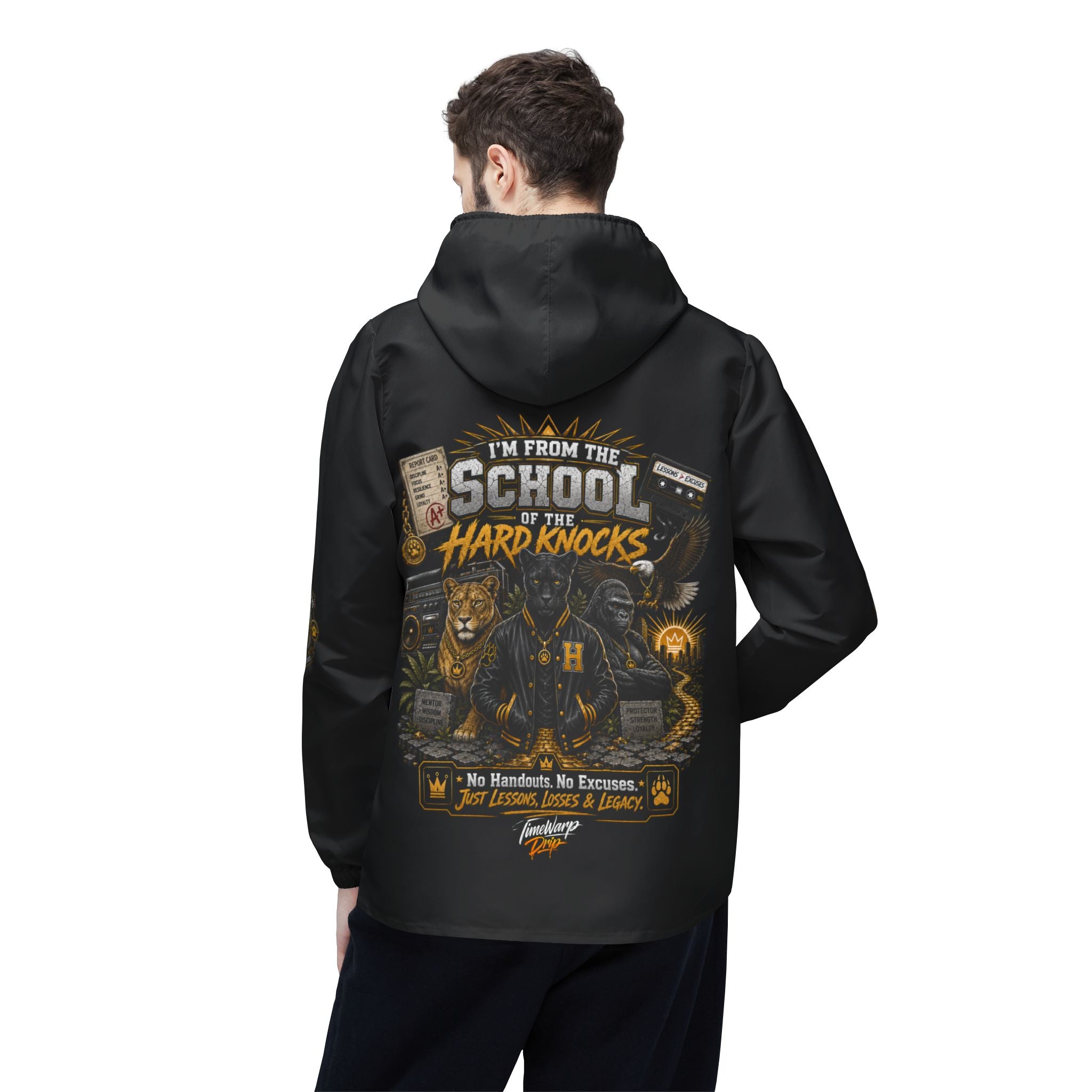 School of Hard Knocks Windbreaker Jacket — Retro Black Drip Zip-Up