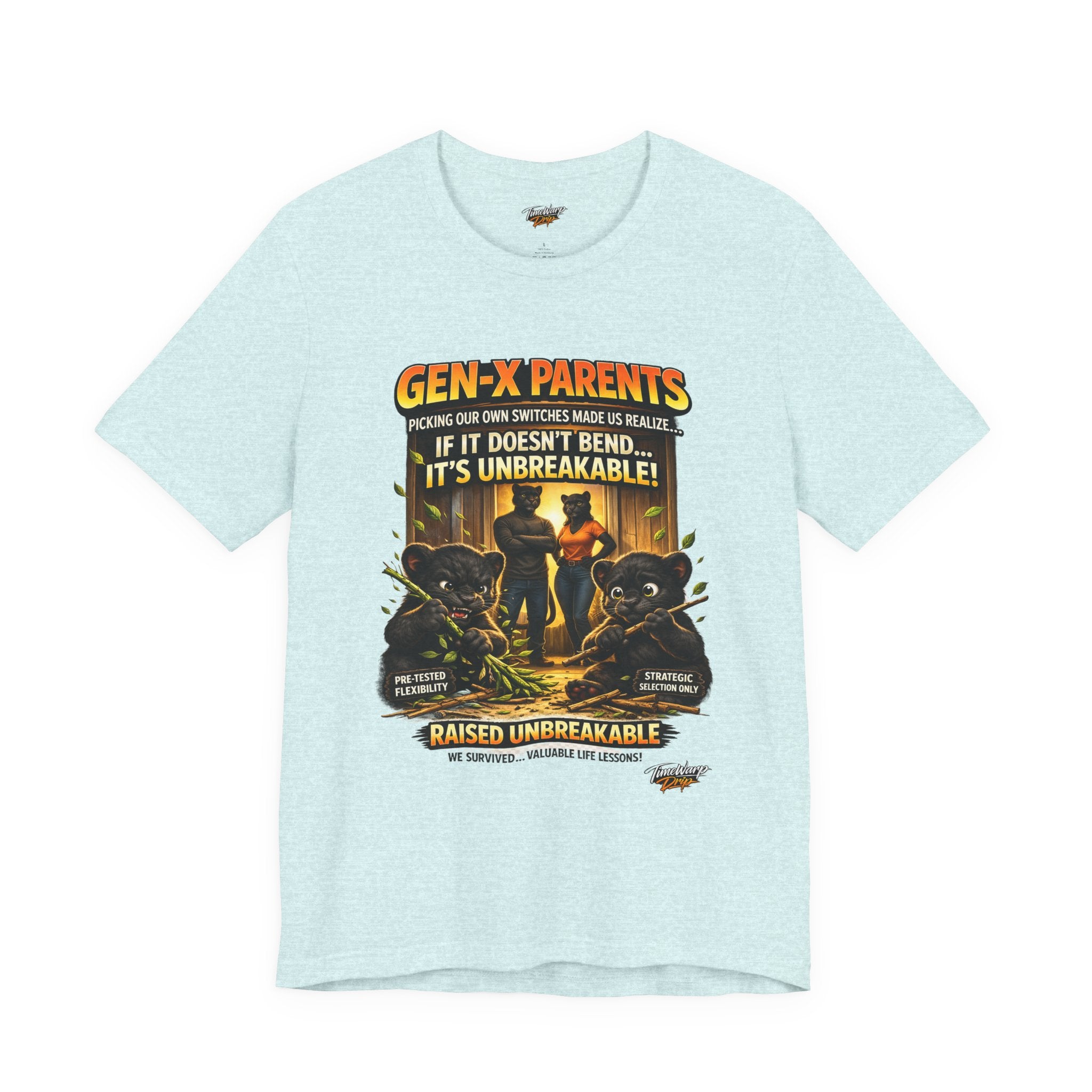 TimeWarp Drip Black cotton Unbreakable T-Shirt with fierce cartoon bear and “Gen X Parents: Picked Our Own Switches” in electric bold font. streetwear apparel