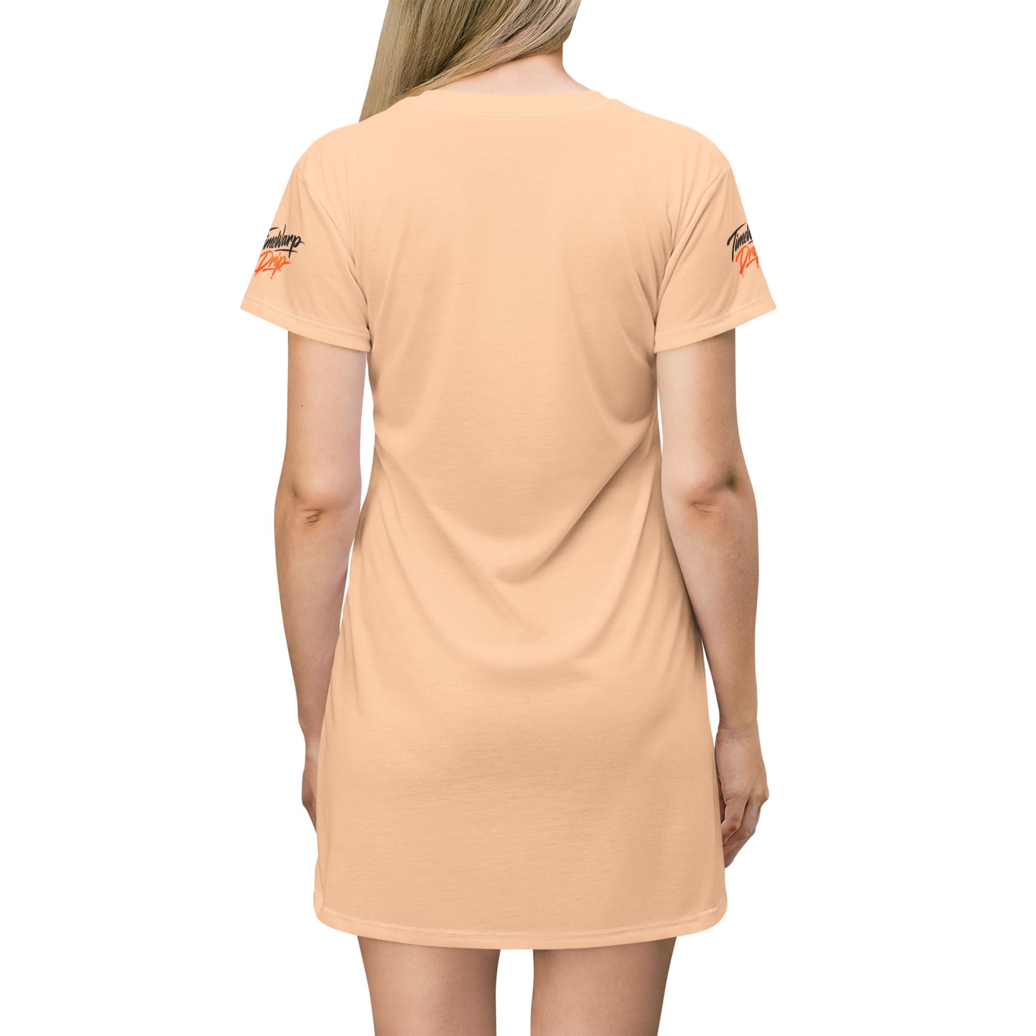 TimeWarp Drip Blonde queen rocking the TimeWarp Drip Bloom In Your Time Peach Floral T-Shirt Dress—sunflower drip, back view, street-ready boldness. streetwear apparel