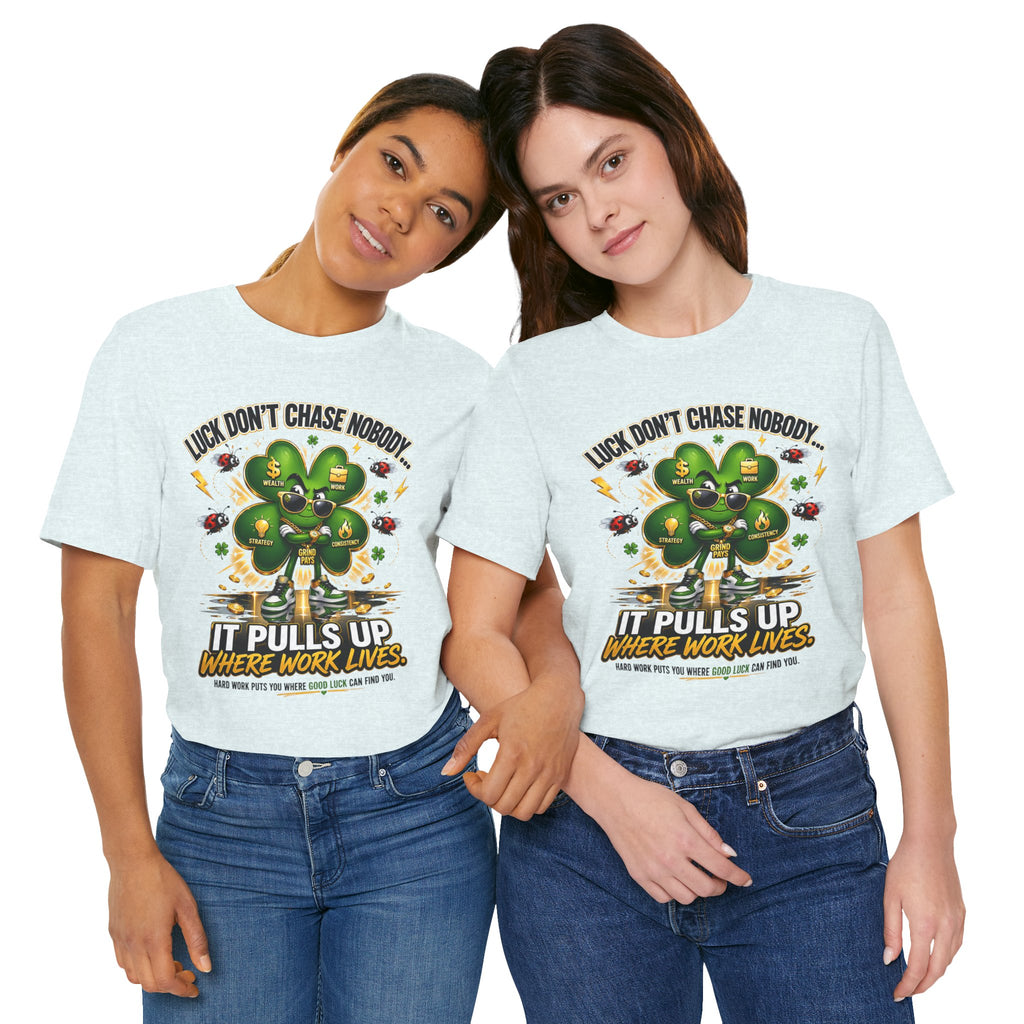 TimeWarp Drip Two women flex Printify’s black streetwear tee—Luck Don’t Chase Nobody and a bold 4-leaf clover front and center. streetwear apparel