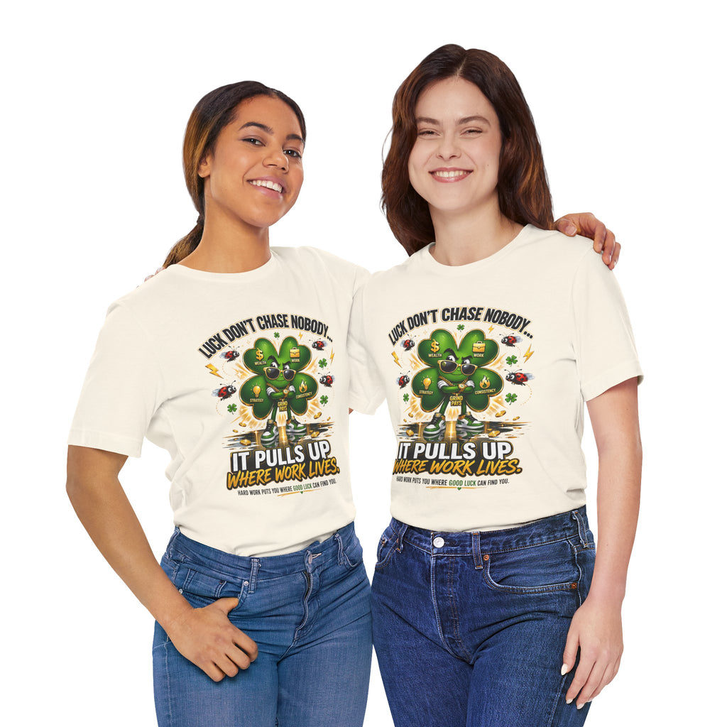 TimeWarp Drip Two women flex in matching black Printify streetwear tees—“Luck Don’t Chase Nobody” 4-Leaf Clover prints owning the vibe. streetwear apparel