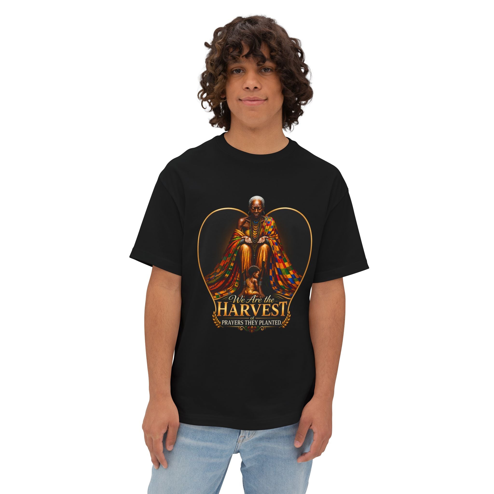 TimeWarp Drip – Oversized black Generational Blessing tee, boxy fit, styled with light blue jeans for bold city Premium Urban Fashionattitude. | premium streetwear