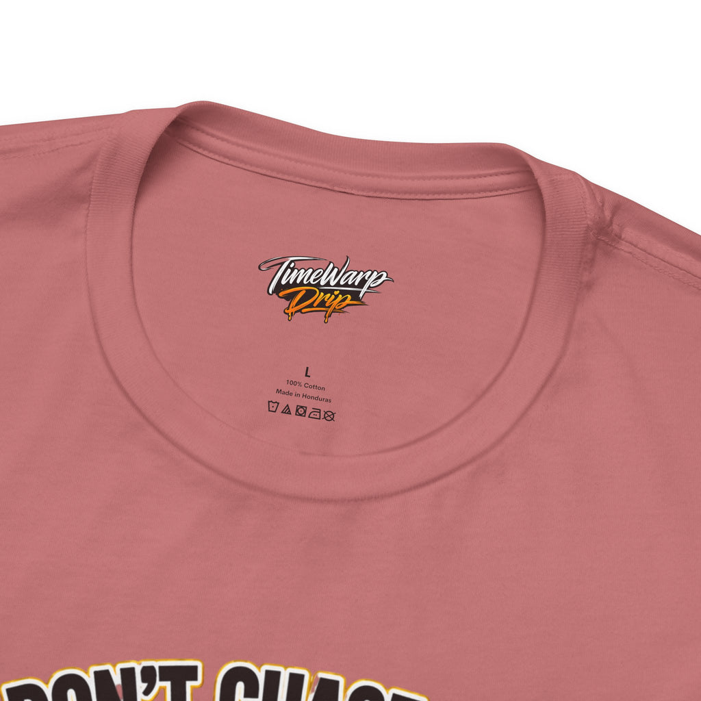 TimeWarp Drip Vivid pink Luck Don't Chase Nobody 4-Leaf Clover T-Shirt—streetwear vibes, collar tag flaunts logo and care details. streetwear apparel