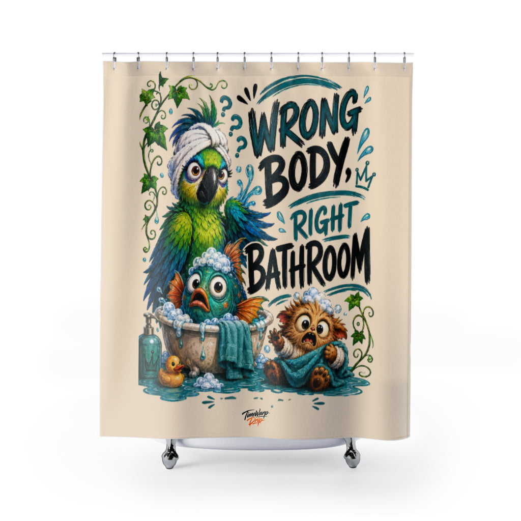 TimeWarp Drip TimeWarp Drip: White shower curtain with bold, cartoon creature art—streetwise pop flair for edgy, playful bathroom style. 