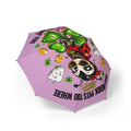 TimeWarp Drip Pink foldable umbrella with sloths, ladybugs, coins, and “Hard Work Puts You Where” – streetwise drip meets lucky charm vibes. streetwear apparel