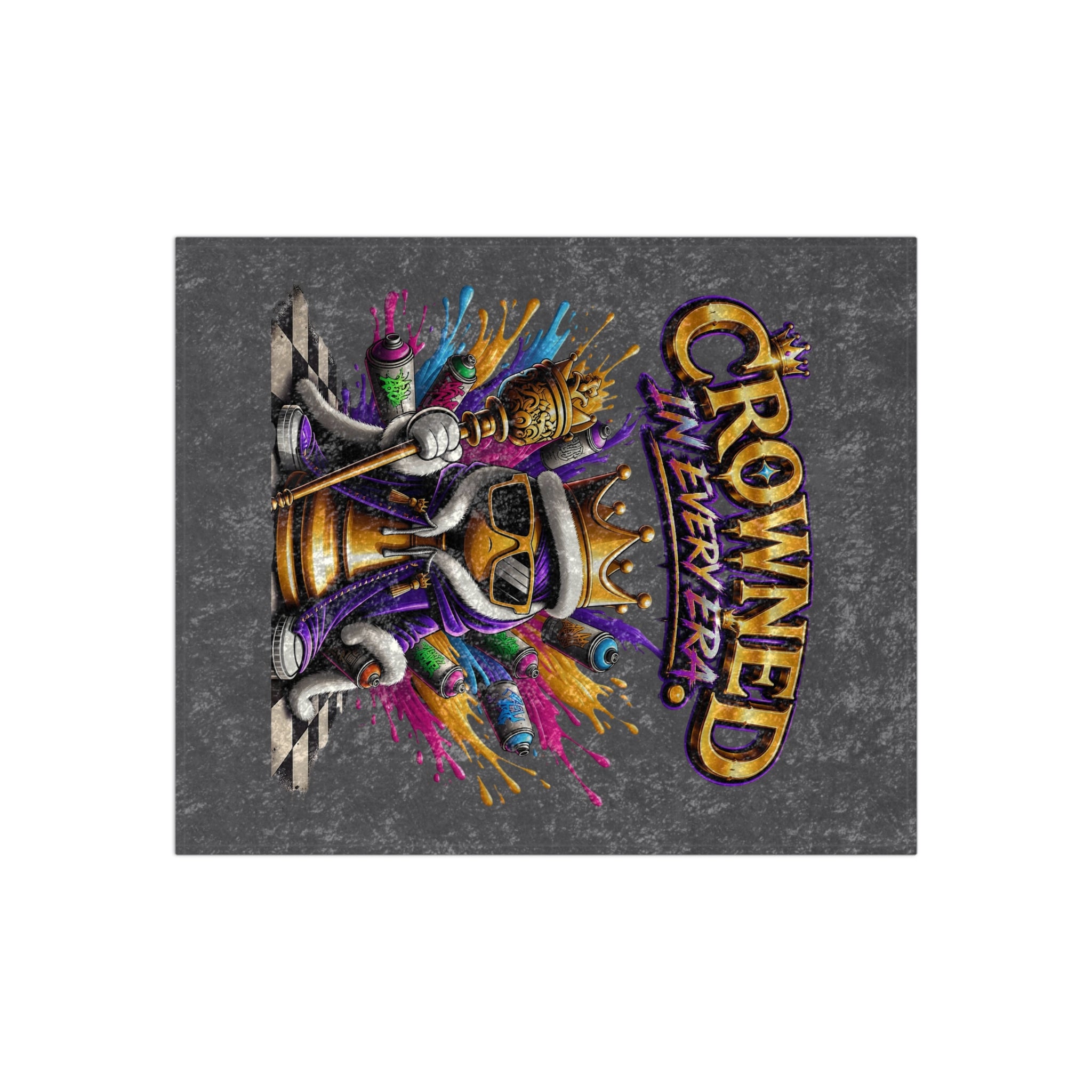 TimeWarp Drip Grey crushed velvet Crowned in Every Era blanket rocks a graffiti chess piece with shades and spray cans—urban drip, streetwise bold!. 
