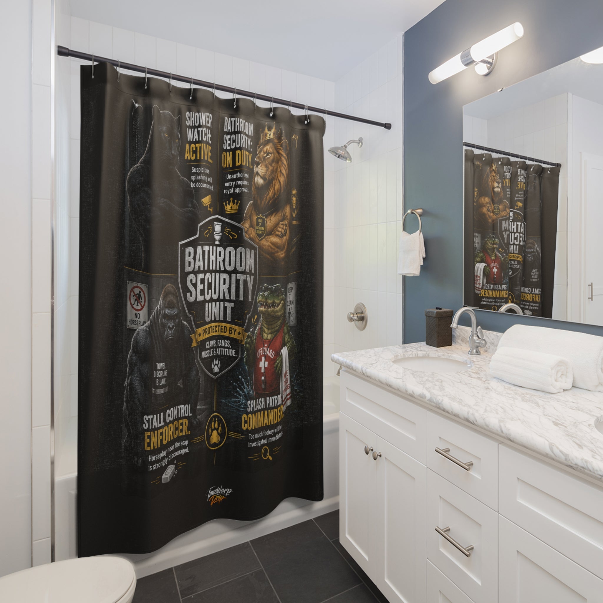 TimeWarp Drip Sleek white bathroom flexes streetwise Printify Security Unit shower curtain—bold animal guardians vibe, urban drip style. streetwear apparel