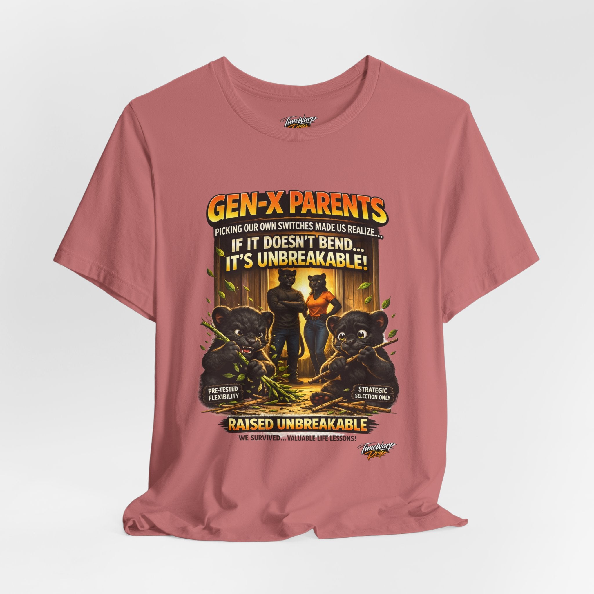 TimeWarp Drip Black Printify Raised Unbreakable T-Shirt—Gen X street drip, “Picked Our Own Switches” and bold bear family cartoon graphic. streetwear apparel