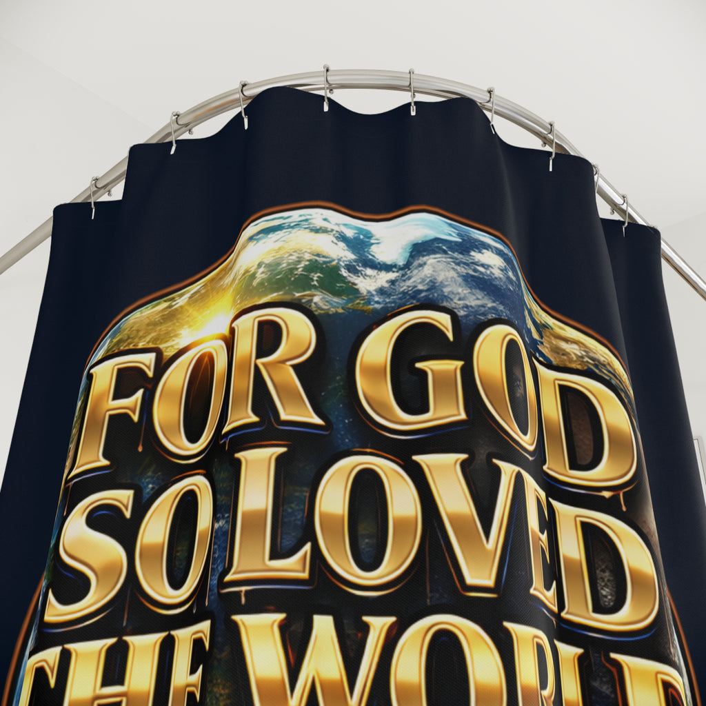 TimeWarp Drip Printify Navy Blue Shower Curtain—John 3:16 in street-drip font floating over Earth. Bold Christian statement for your bath. streetwear apparel