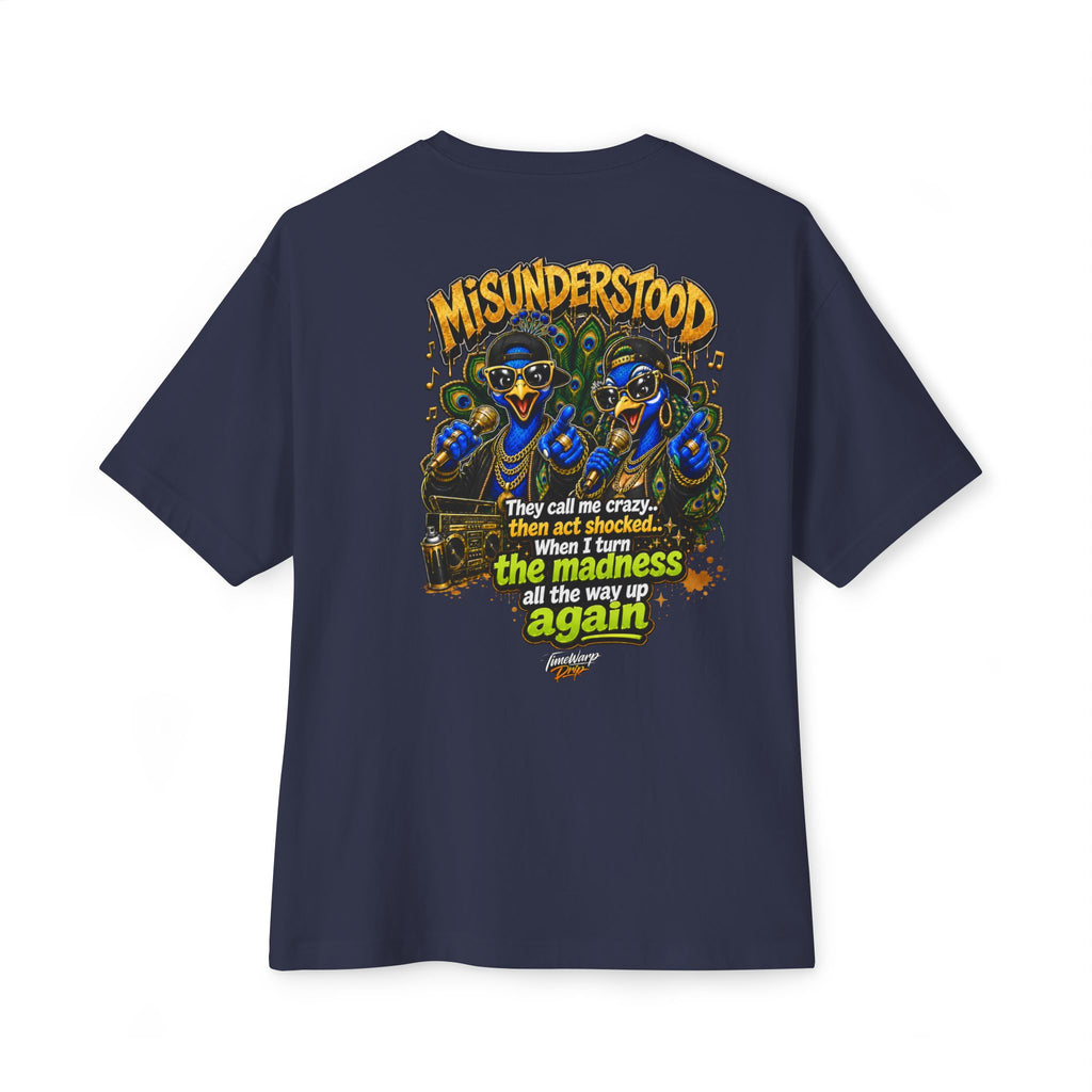 TimeWarp Drip – Oversized black hip-hop tee with bold dual peacock graphic and “They Call Me Crazy I Call It Genius” street art statement. | premium streetwear