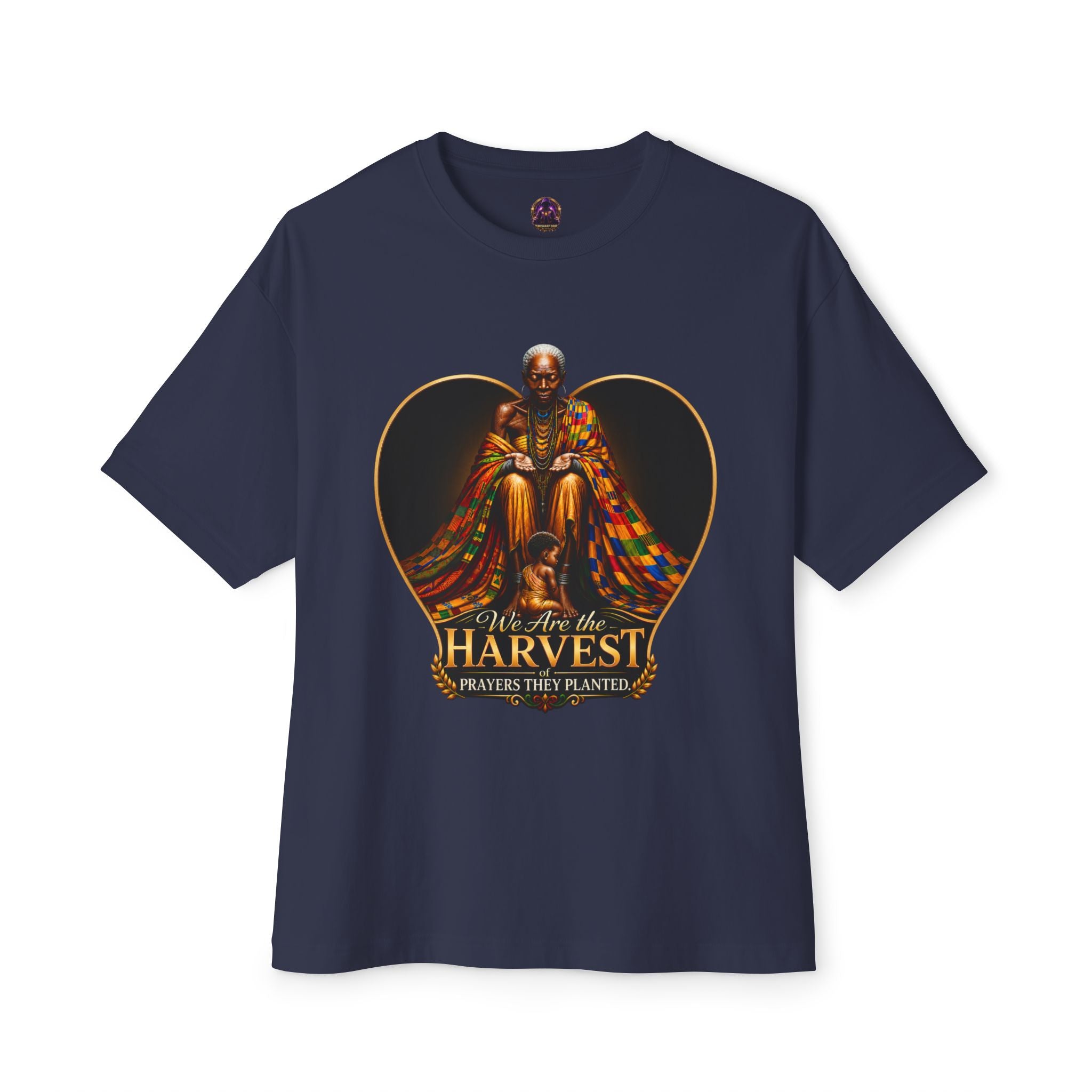 TimeWarp Drip – Oversized navy tee, boxy fit, bold elder graphic and “We Are The Harvest, Prayers They Planted” statement streetwear. | premium streetwear