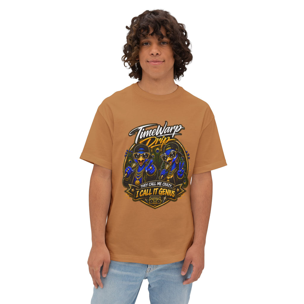 TimeWarp Drip – Oversized black boxy tee, dual peacock street art, bold statement: They Call Me Crazy I Call It Genius, worn with city attitude. | premium streetwear