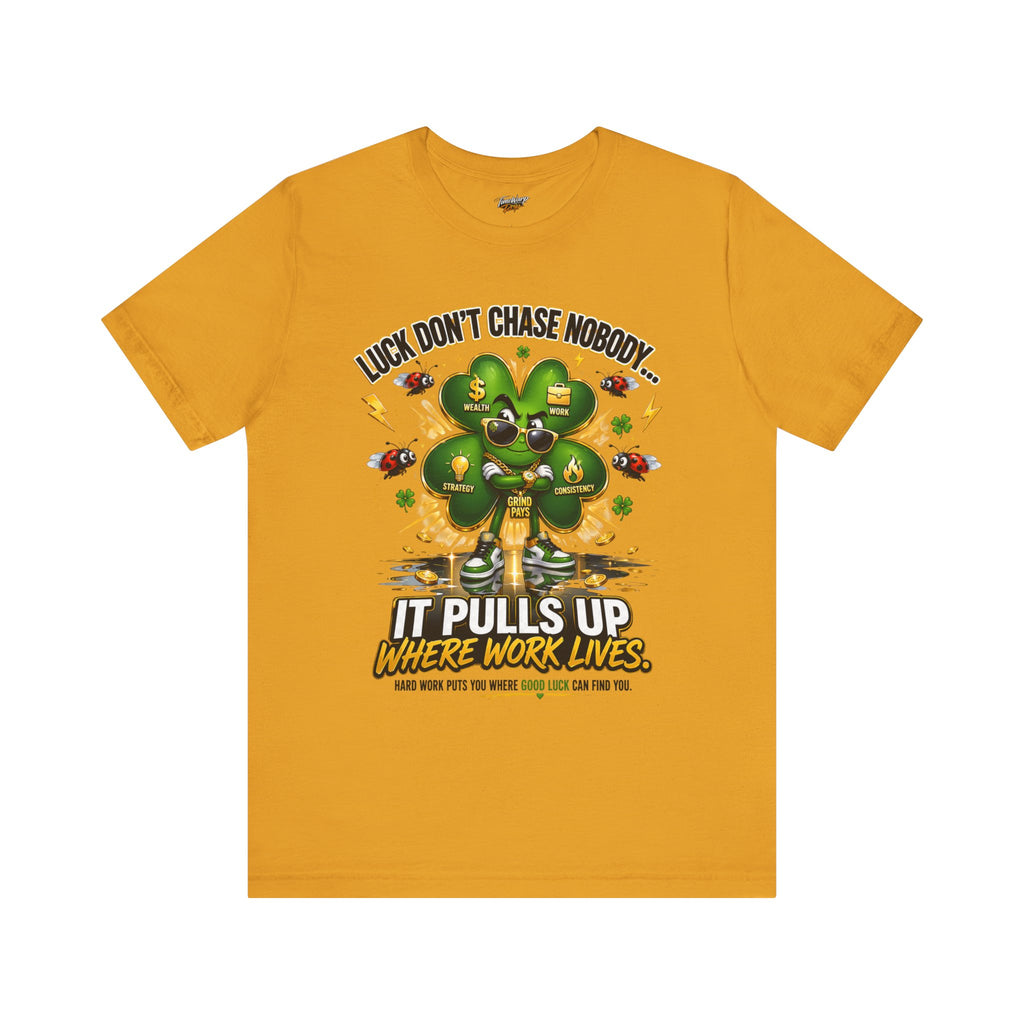 TimeWarp Drip Lucky Clover "Pulls Up Lives" street tee, blazing yellow. Money tree graphic & bold font. S–XL, TimeWarp Drip drip energy. streetwear apparel