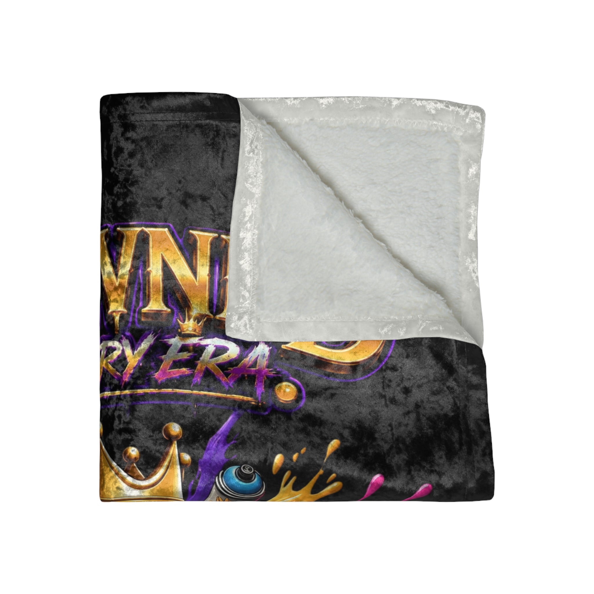 Crowned in Every Era Black Crushed Velvet Blanket—drippin’ bold text, royal crown pop, streetwear edge by TimeWarp Drip.