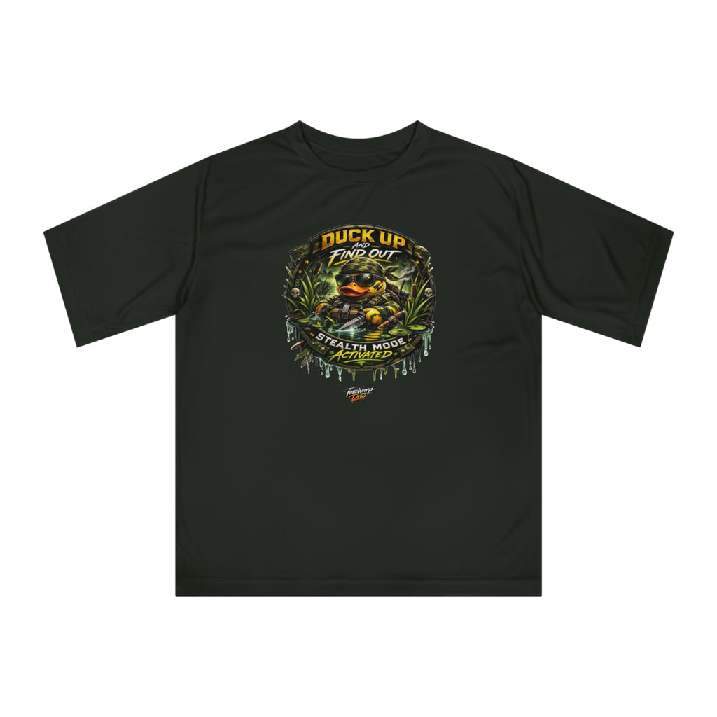TimeWarp Drip Duck Up Find Out T-shirt in Veteran Camo—bold hunting streetwear, stealth mode on! XS-2XL. TimeWarp Drip certified. Premium Urban Fashionapparel