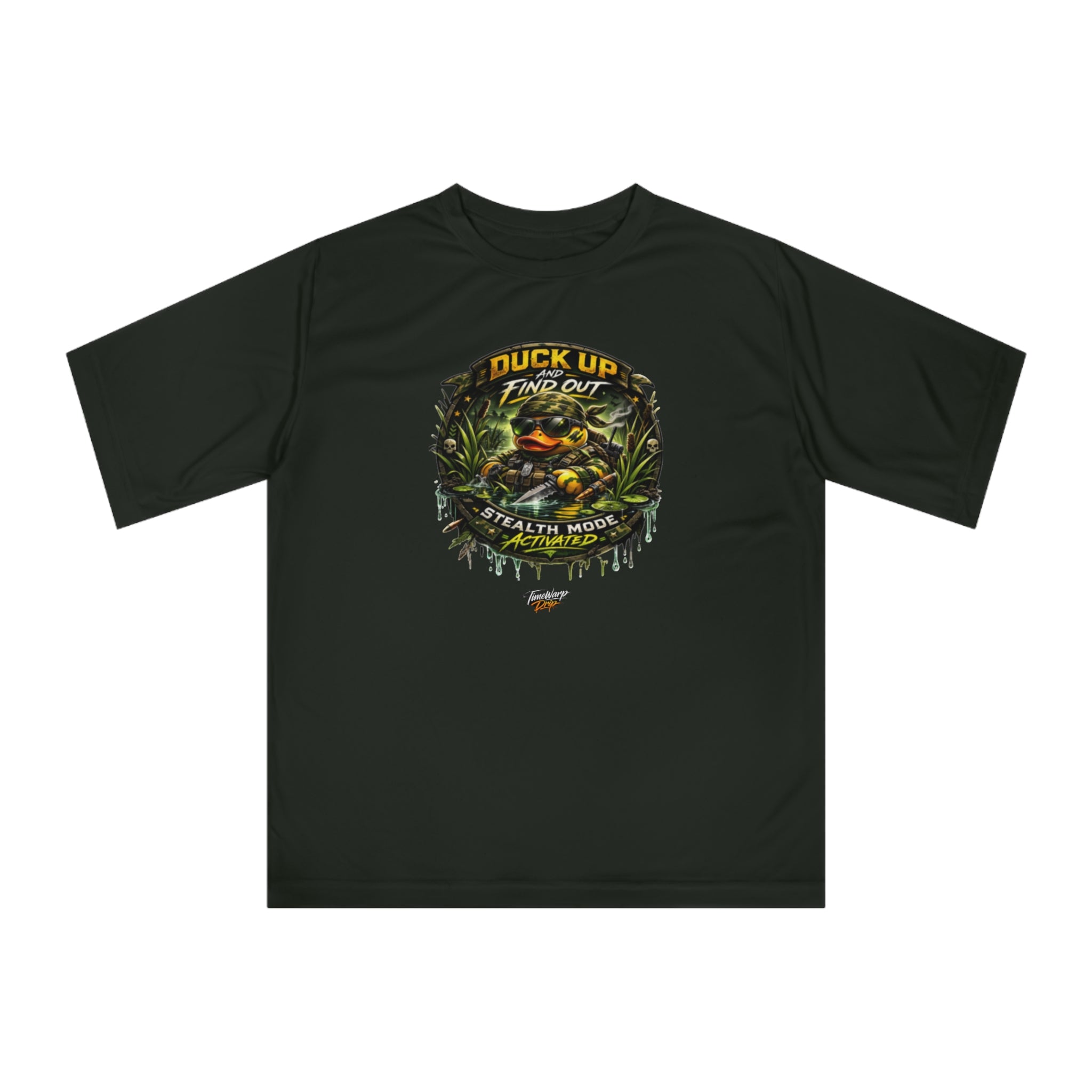 TimeWarp Drip Duck Up Find Out T-shirt in Veteran Camo—bold hunting streetwear, stealth mode on! XS-2XL. TimeWarp Drip certified. Premium Urban Fashionapparel