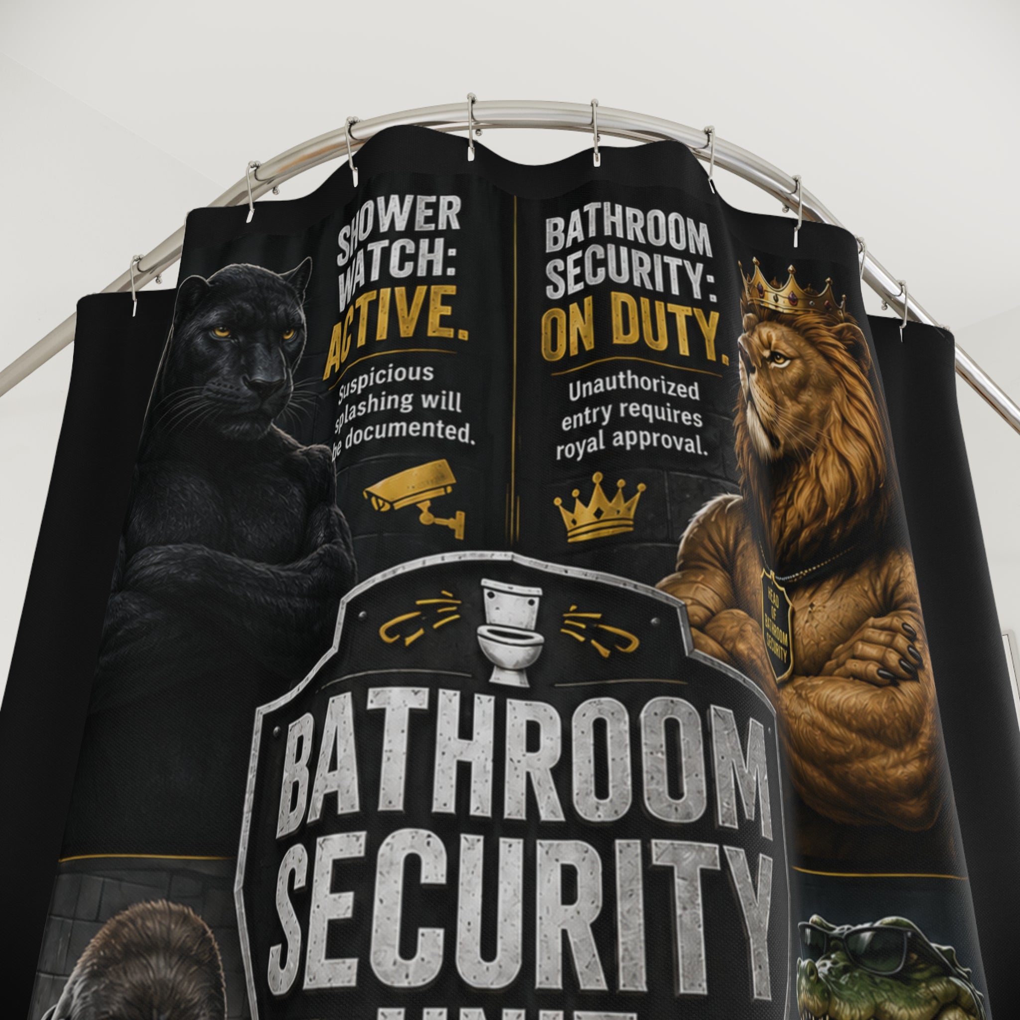 TimeWarp Drip Rock your space with this blue Bathroom Security Unit Shower Curtain—streetwise animal guards and bold, playful warning signs. streetwear apparel