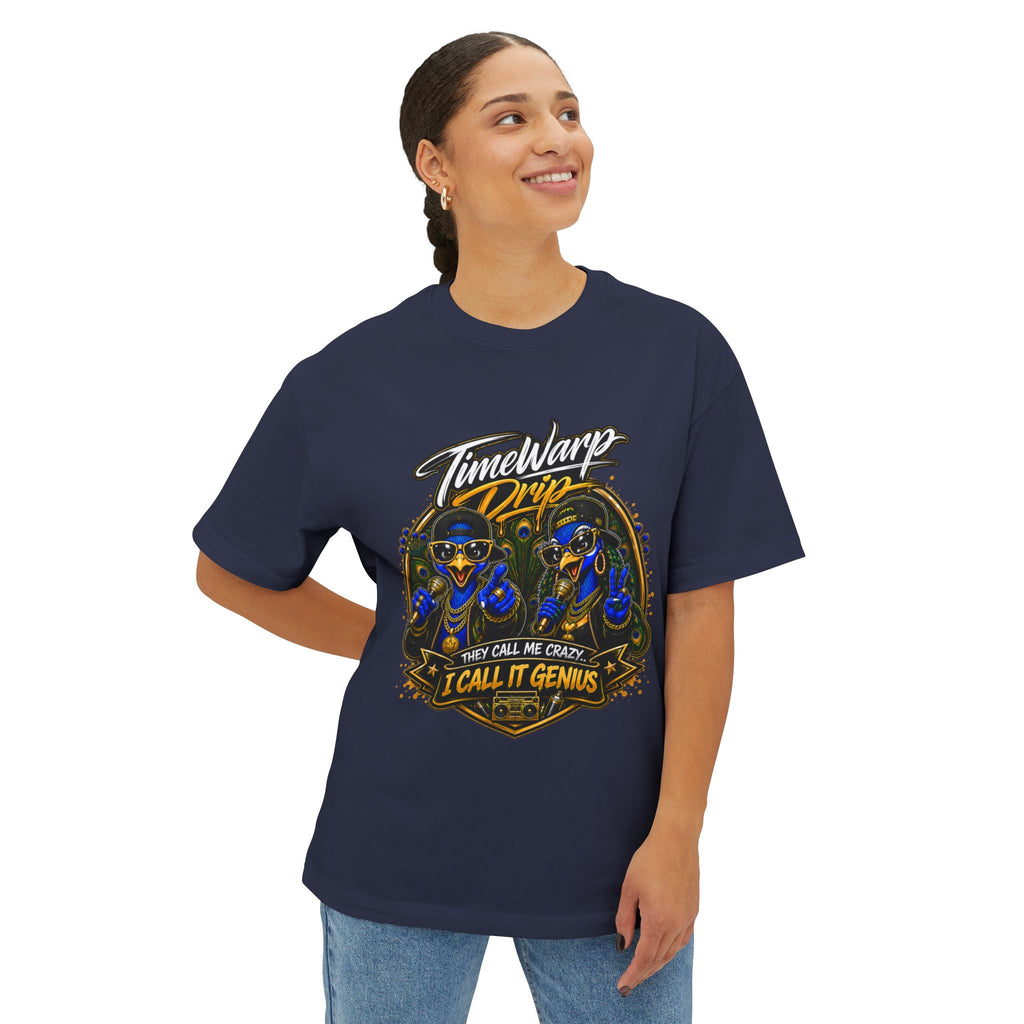 TimeWarp Drip – Navy oversized street tee with dual peacock hip-hop art, bold “They Call Me Crazy” text; fierce urban city style. | premium streetwear