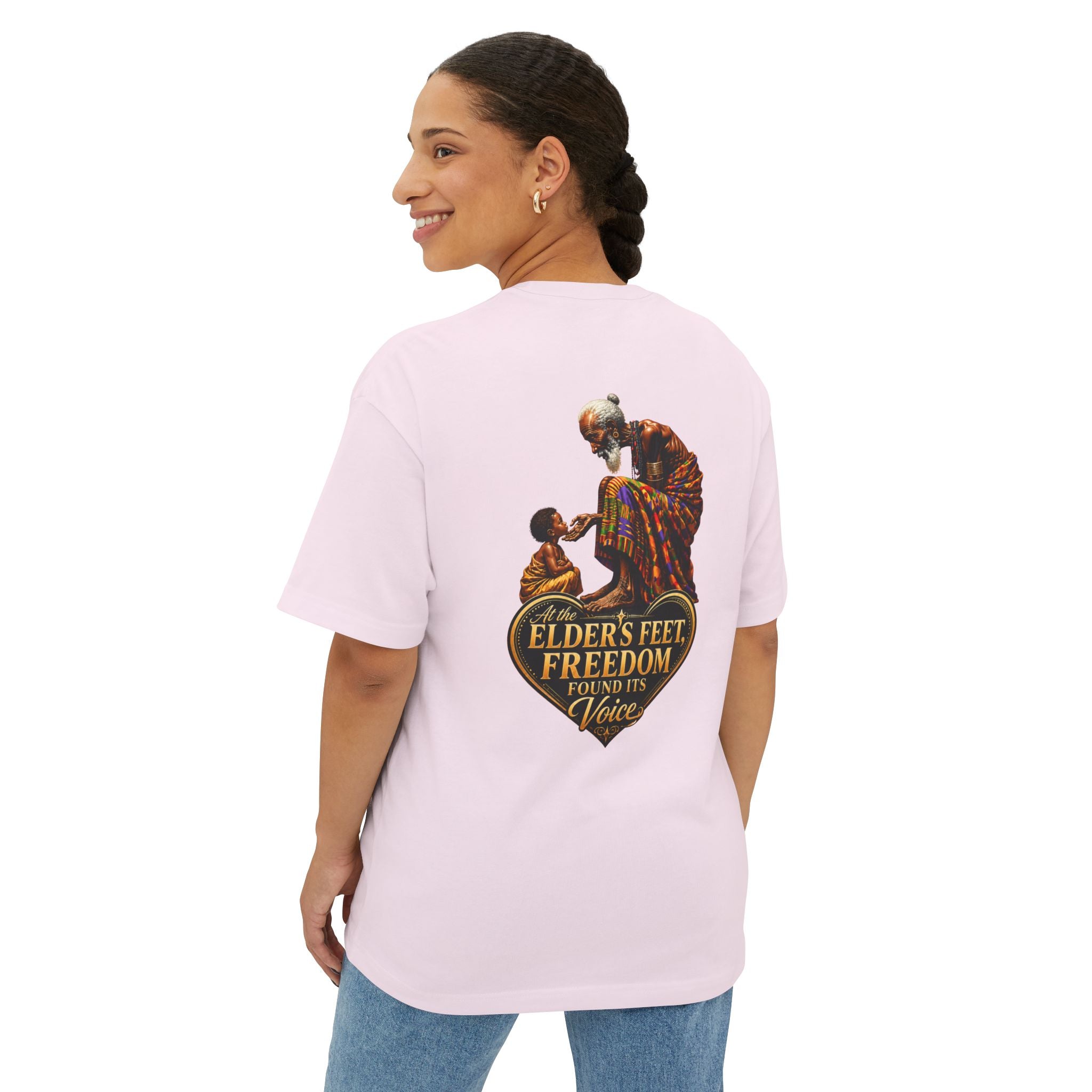 TimeWarp Drip – Oversized black boxy tee with We Are the Harvest graphic, bold Generational Blessing & Guidance text, urban street style. | premium streetwear