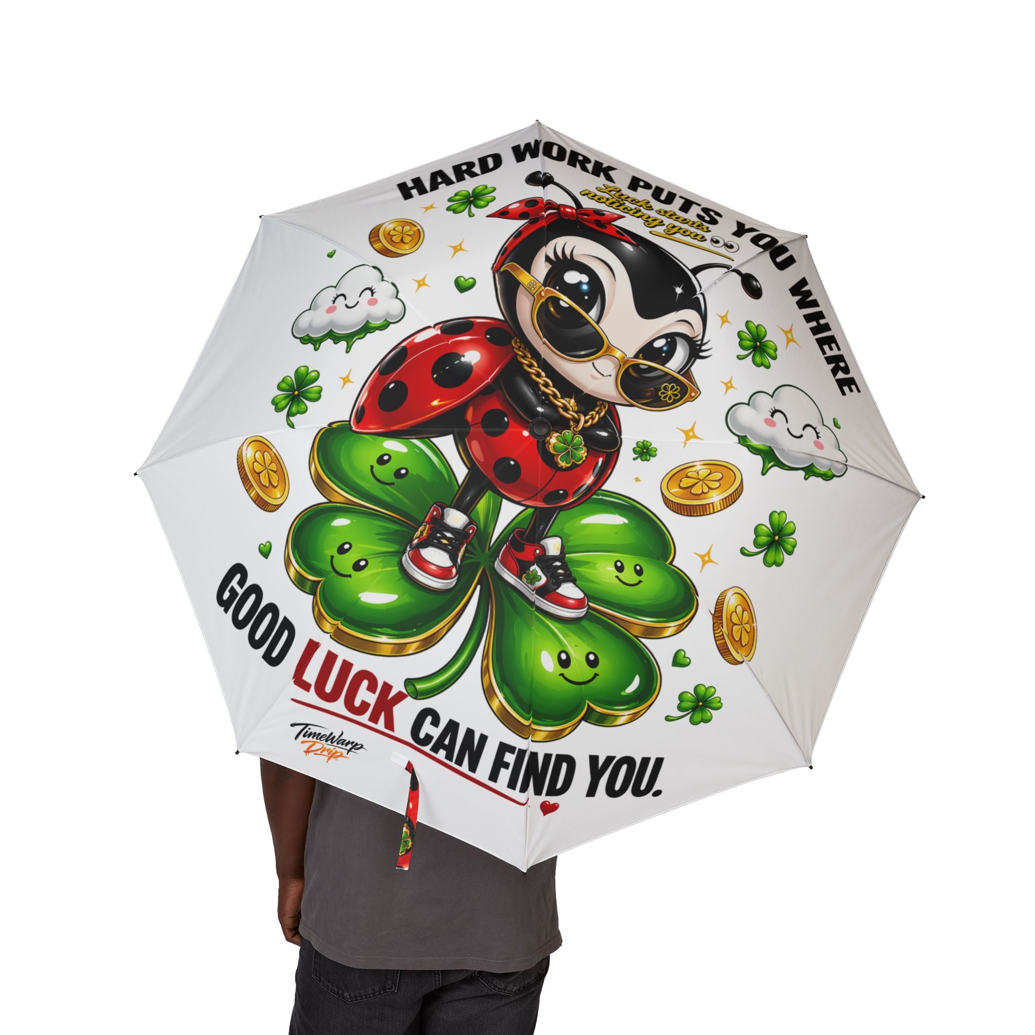 TimeWarp Drip Rock the streets with this white Printify foldable umbrella—hip-hop ladybug art and a bold inspo quote bring major drip. streetwear apparel