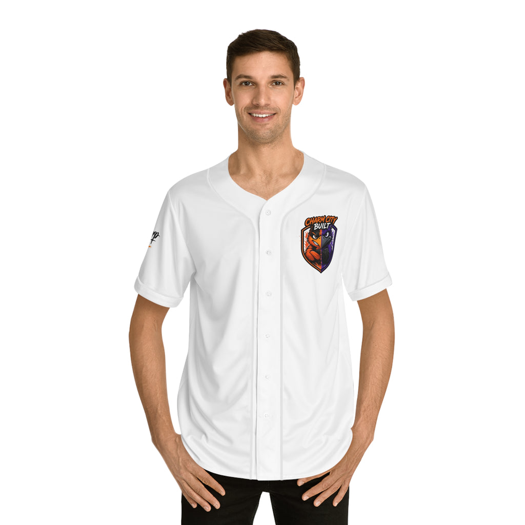 TimeWarp Drip Hyped guy rocking a white Charm City Built baseball jersey —bold Bull logo popping, street-style energy unleashed. 