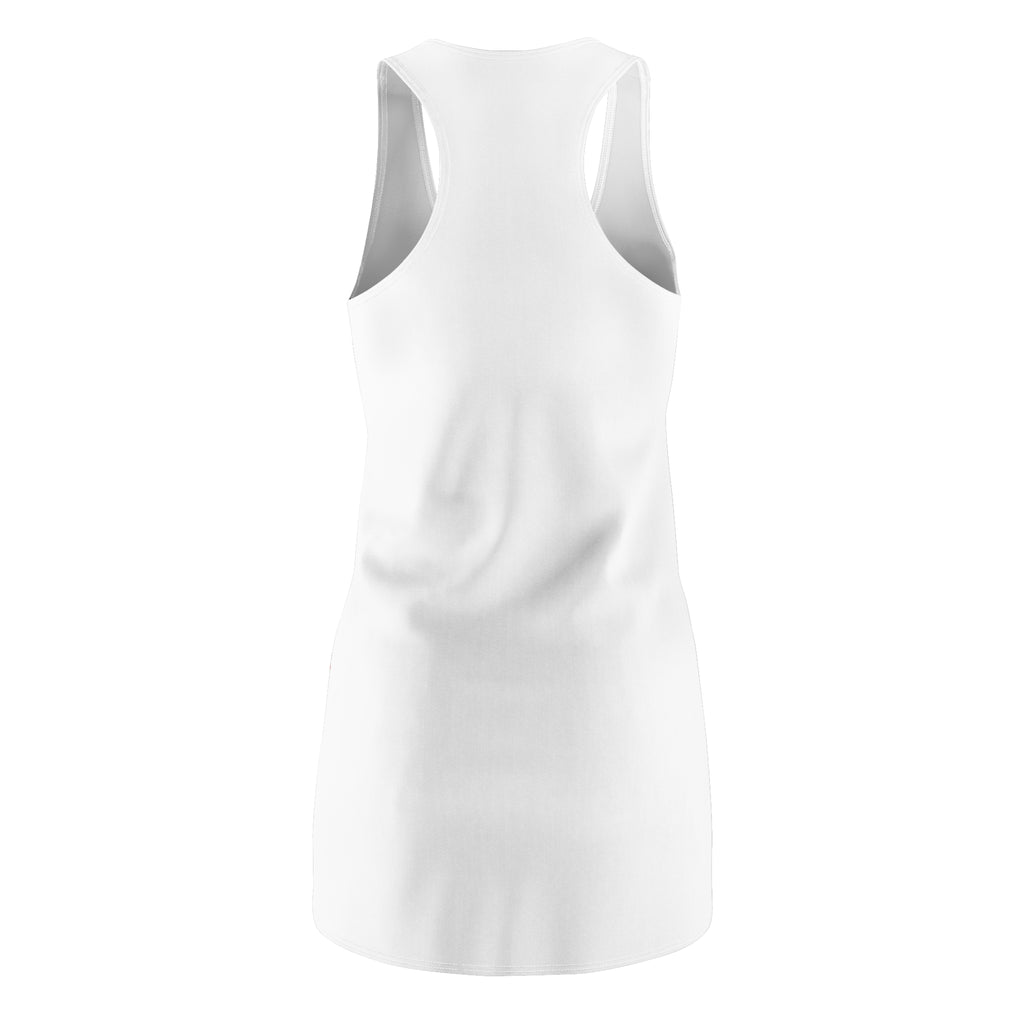 White racerback dress with "Big Apple Attitude" all-over print featuring New York City skyline and I LOVE NY logo, by TimeWarp Drip.