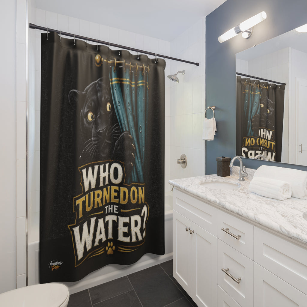 TimeWarp Drip Amp up your bathroom with Printify’s bold white “Who Turned on the Water?” shower curtain—fun animal, streetwear swagger!. streetwear apparel