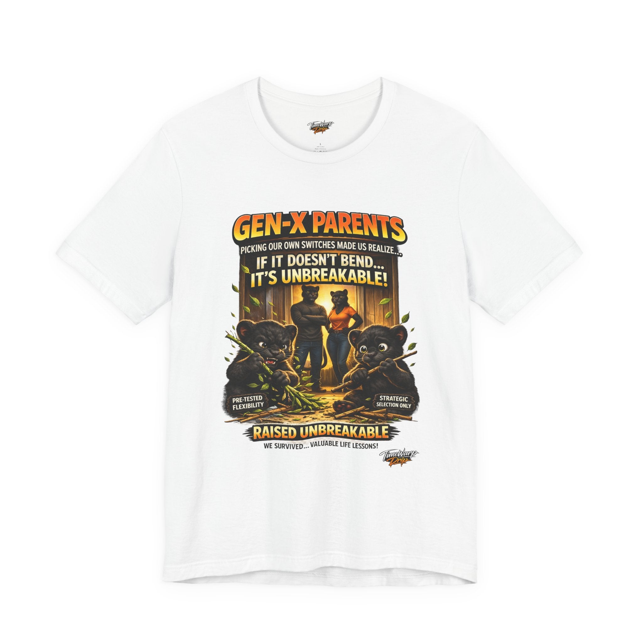 TimeWarp Drip Printify black Unbreakable T-Shirt—retro “Picked Our Own Switches” street style tee for bold Gen X vibes. streetwear apparel