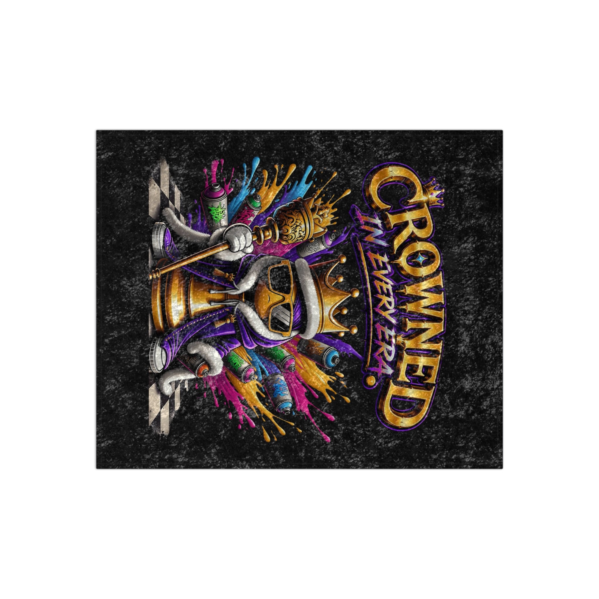 TimeWarp Drip Crowned graffiti robot in shades flexes on a black crushed velvet TimeWarp Drip blanket—streetwear drip for every era. 