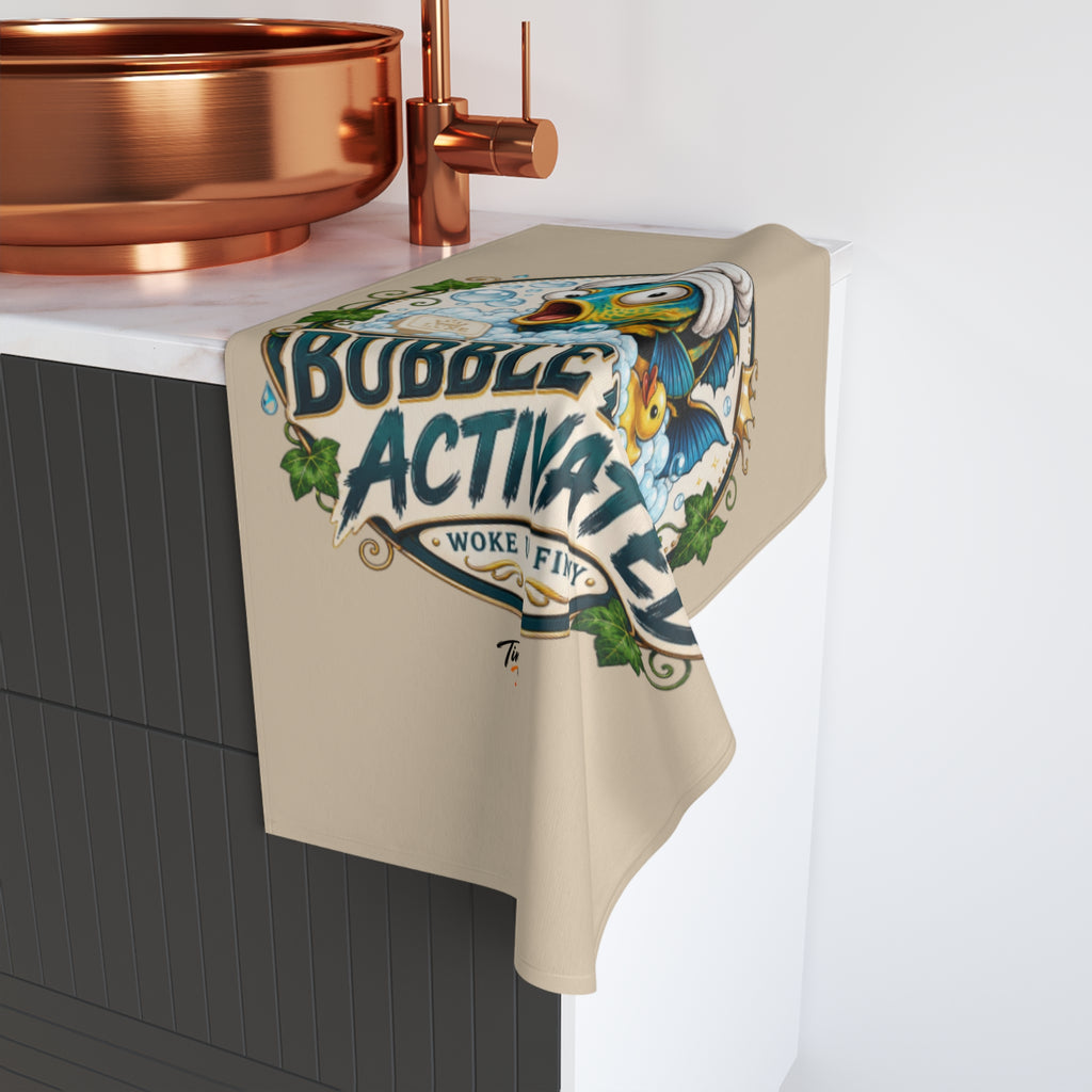 TimeWarp Drip Bubble Mode "Woke Up Finny" hand towel—bold print flex on a black and white counter, fresh by a copper sink.