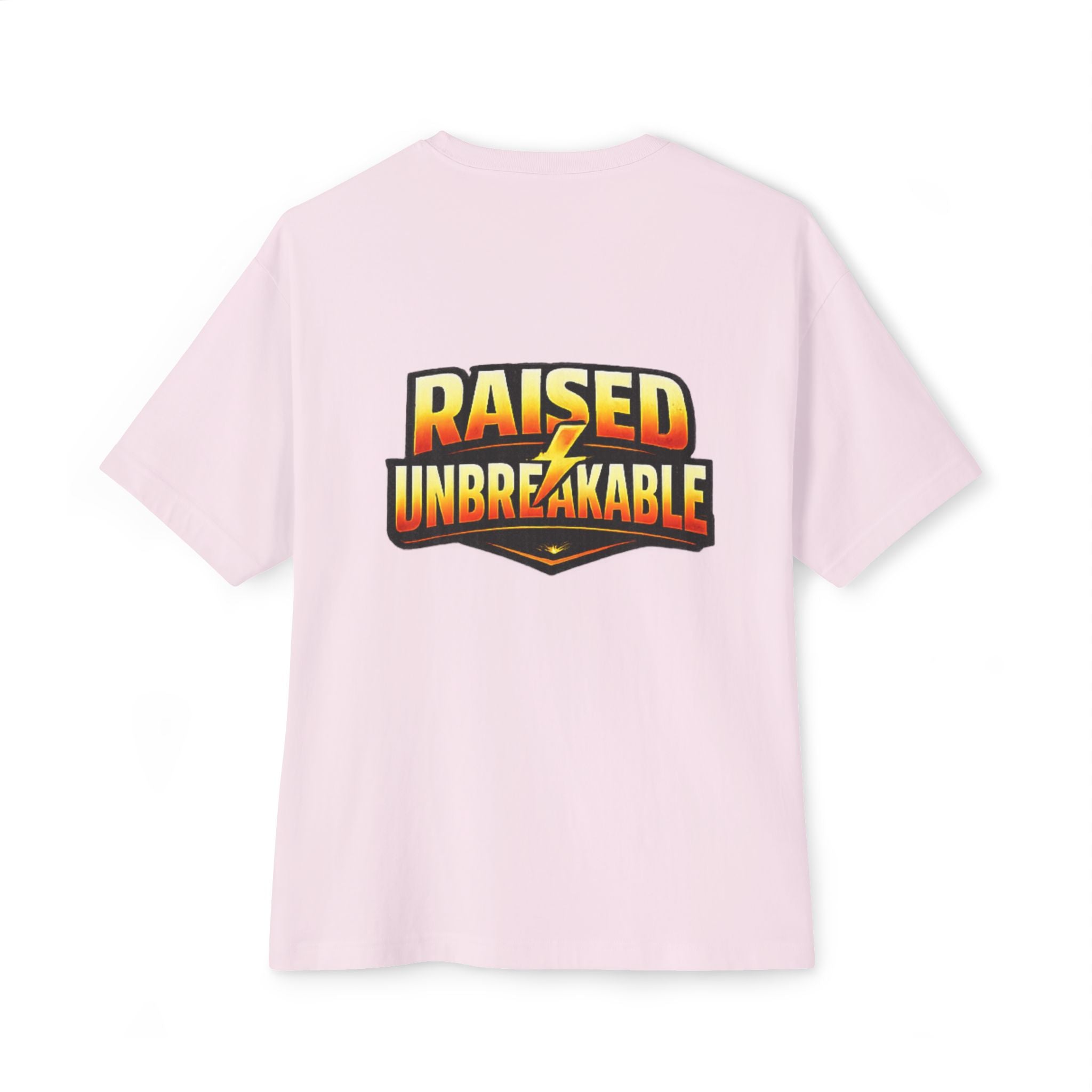 The TimeWarp Drip Generation X Parenting "Come Get Em" Tee is an oversized, boxy light pink t-shirt with a bold back graphic reading RAISED UNBREAKABLE in yellow and orange, divided by a lightning bolt—crafted from breathable cotton for comfort.