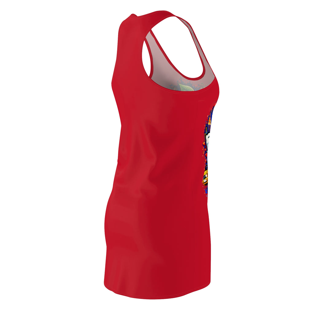 Red racerback dress with all-over print featuring "Big Apple Attitude" design by TimeWarp Drip, showcasing a vibrant New York City theme.
