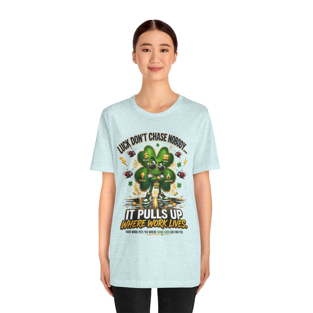 TimeWarp Drip Street queen rocks a light blue Lucky Clover "Pulls Up Lives" graphic tee—print vibes, bold drip, S-XL sizes. streetwear apparel