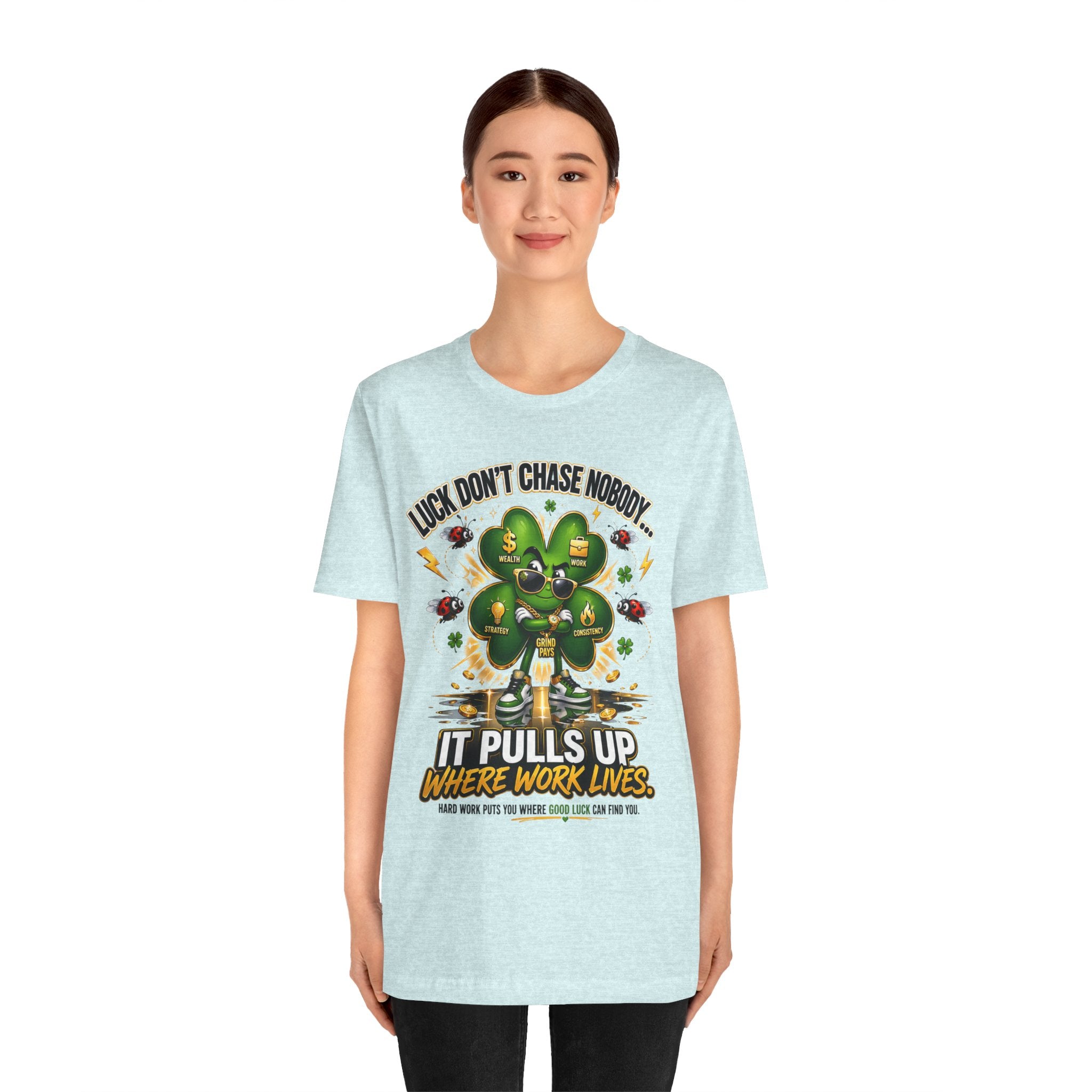 TimeWarp Drip Street queen rocks a light blue Lucky Clover "Pulls Up Lives" graphic tee—print vibes, bold drip, S-XL sizes. streetwear apparel